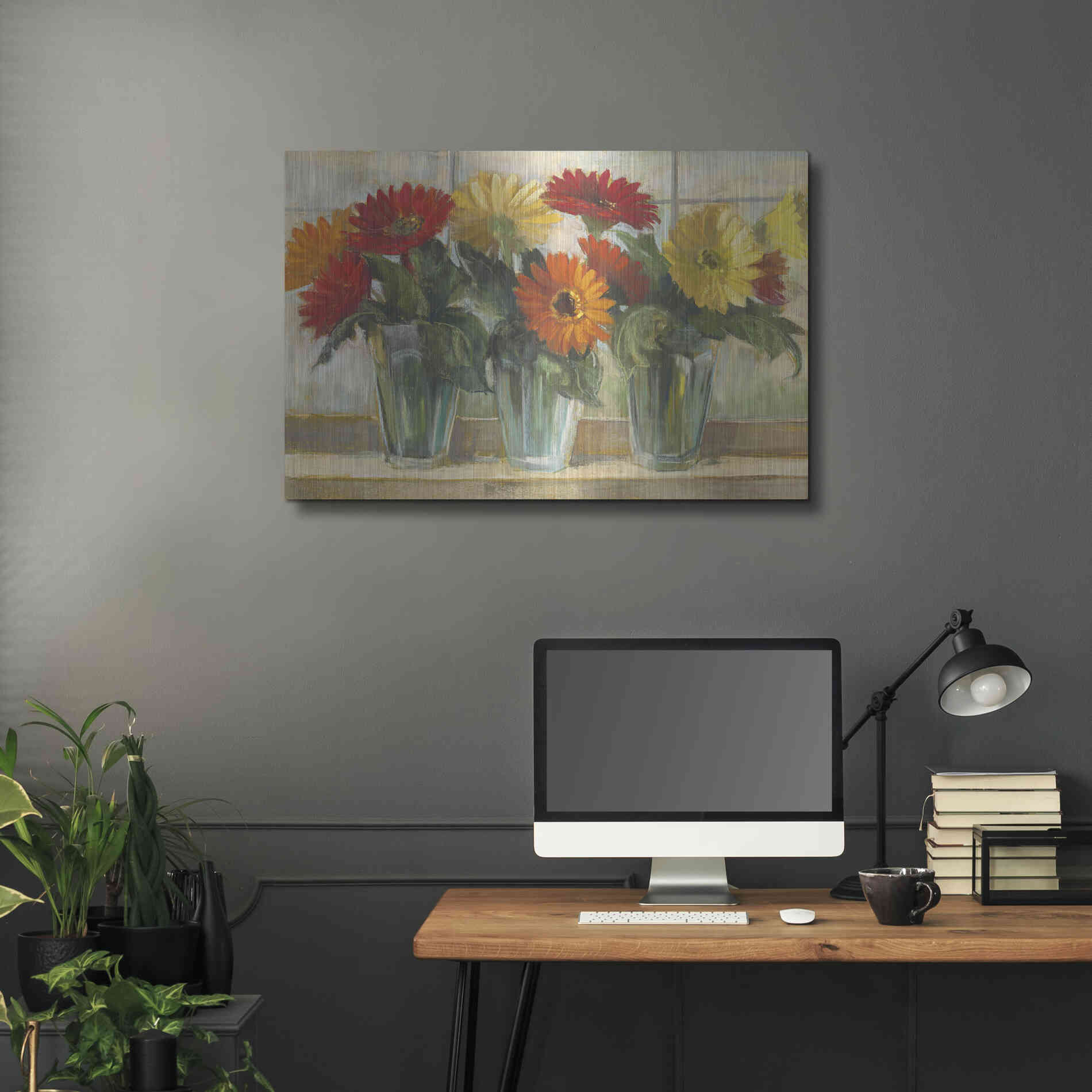 Luxe Metal Art 'Gerberas In Glass Vases' by Carol Rowan, Metal Wall Art,36x24