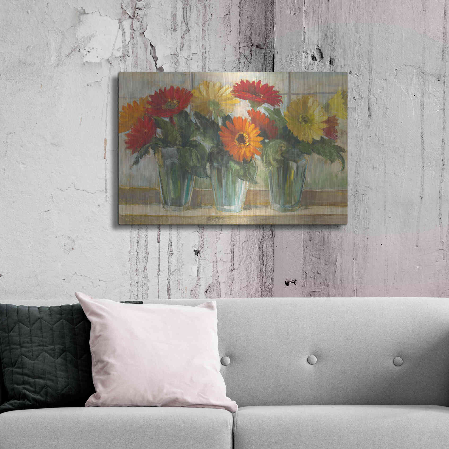 Luxe Metal Art 'Gerberas In Glass Vases' by Carol Rowan, Metal Wall Art,36x24