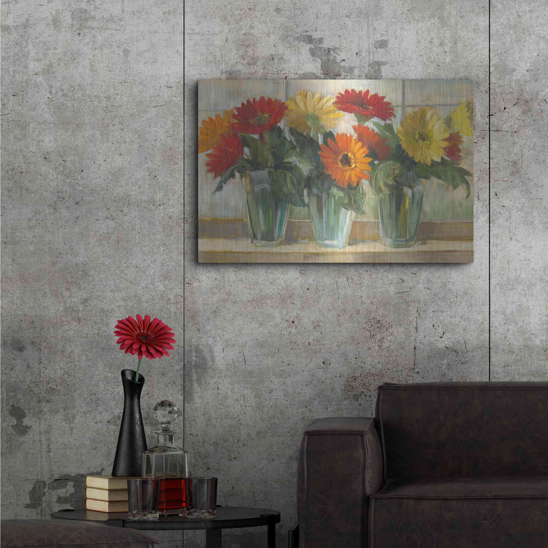 Luxe Metal Art 'Gerberas In Glass Vases' by Carol Rowan, Metal Wall Art,36x24