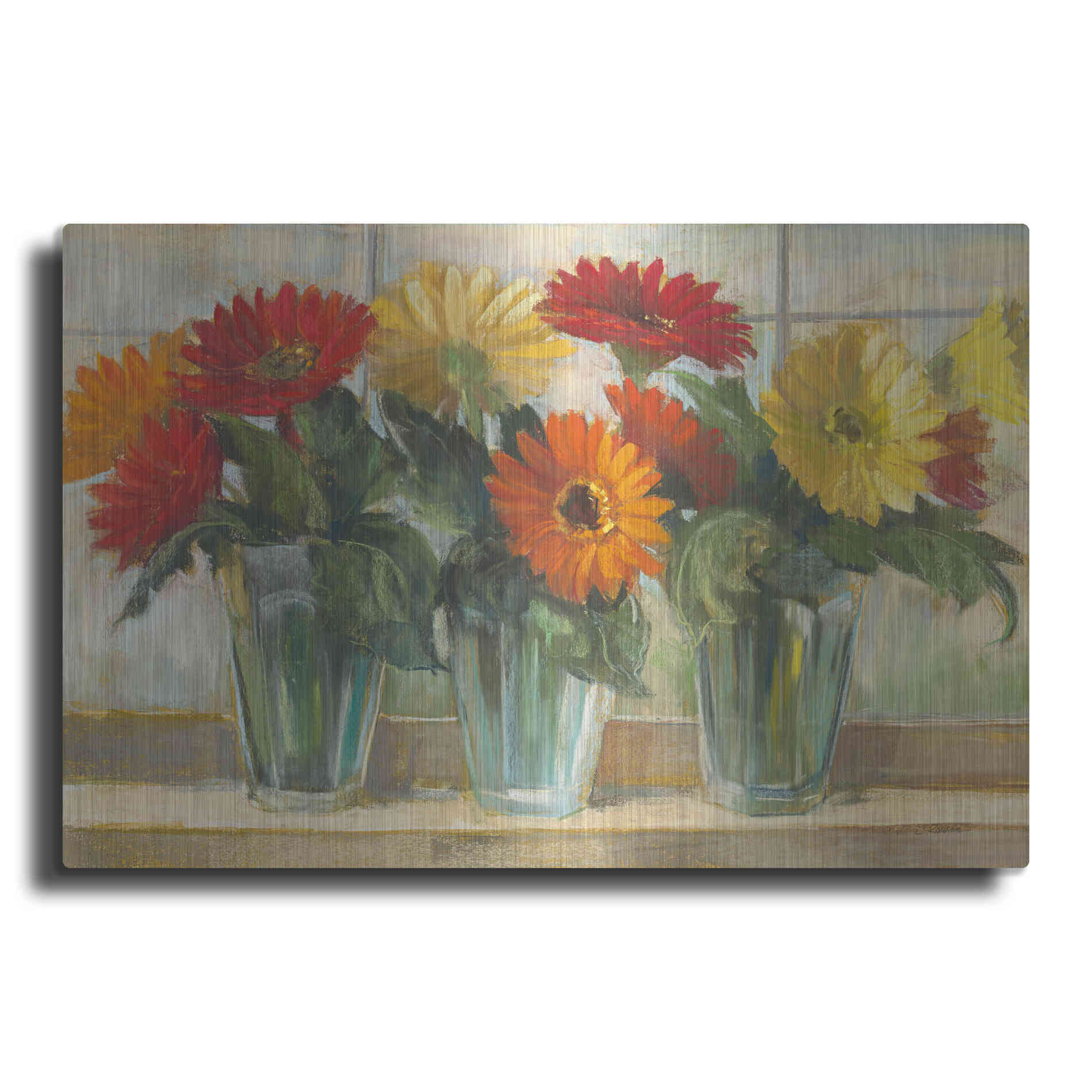 Luxe Metal Art 'Gerberas In Glass Vases' by Carol Rowan, Metal Wall Art