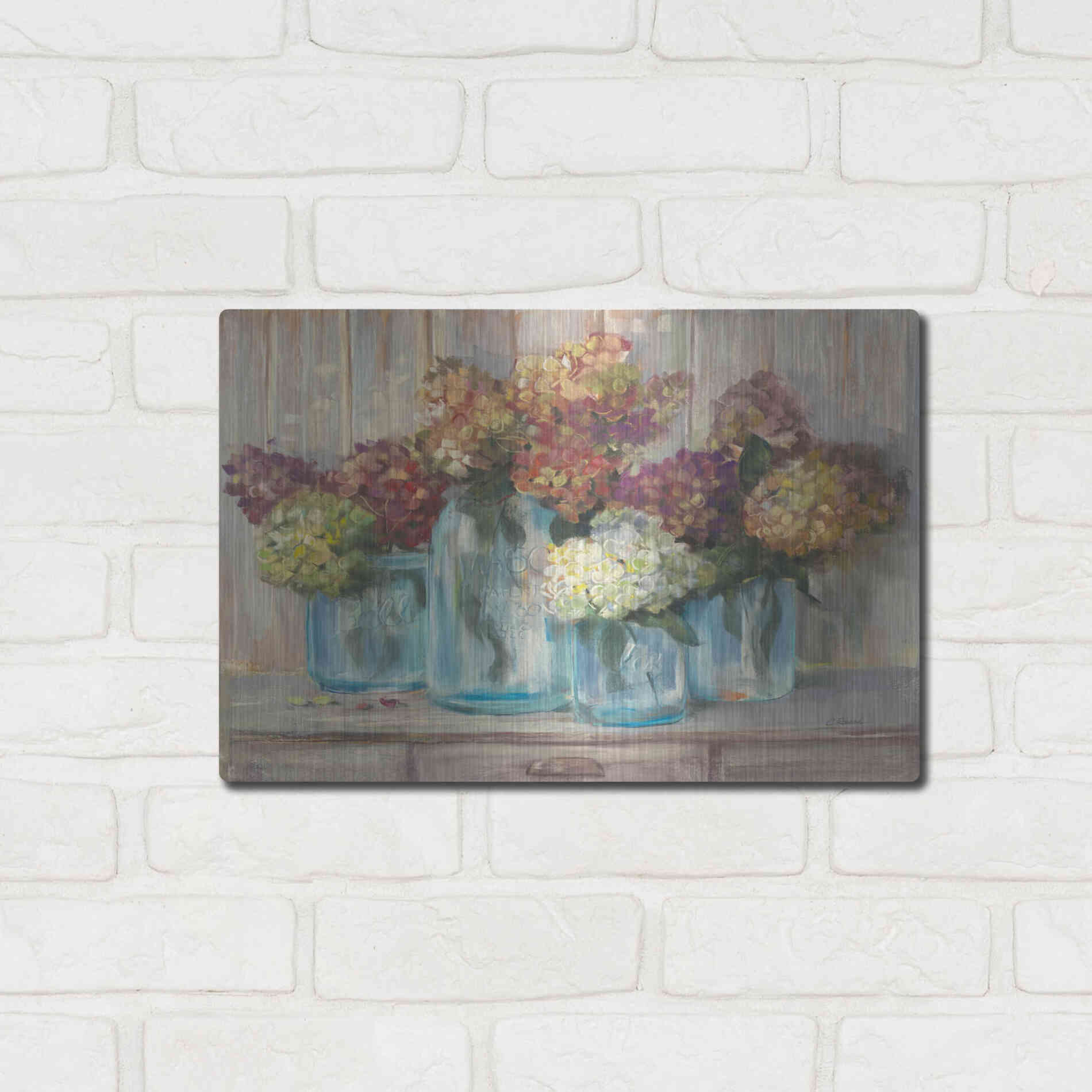 Luxe Metal Art 'Hydrangeas In Glass Jars' by Carol Rowan, Metal Wall Art,16x12