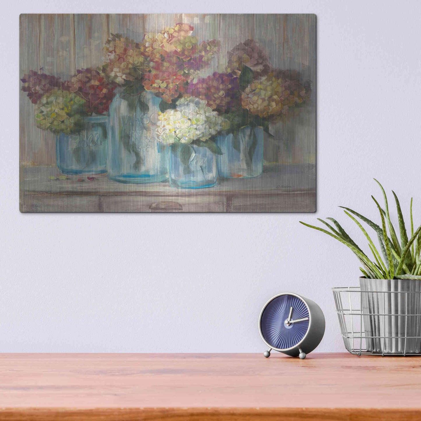 Luxe Metal Art 'Hydrangeas In Glass Jars' by Carol Rowan, Metal Wall Art,16x12