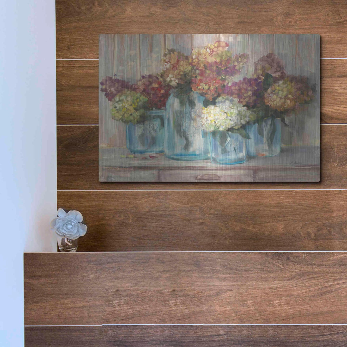 Luxe Metal Art 'Hydrangeas In Glass Jars' by Carol Rowan, Metal Wall Art,16x12