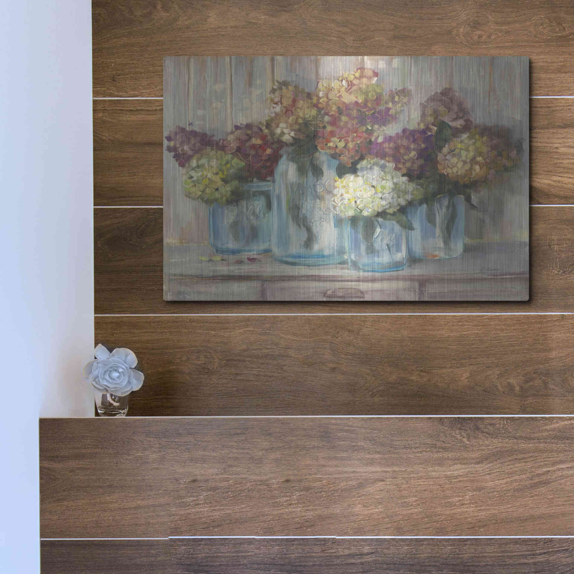 Luxe Metal Art 'Hydrangeas In Glass Jars' by Carol Rowan, Metal Wall Art,16x12