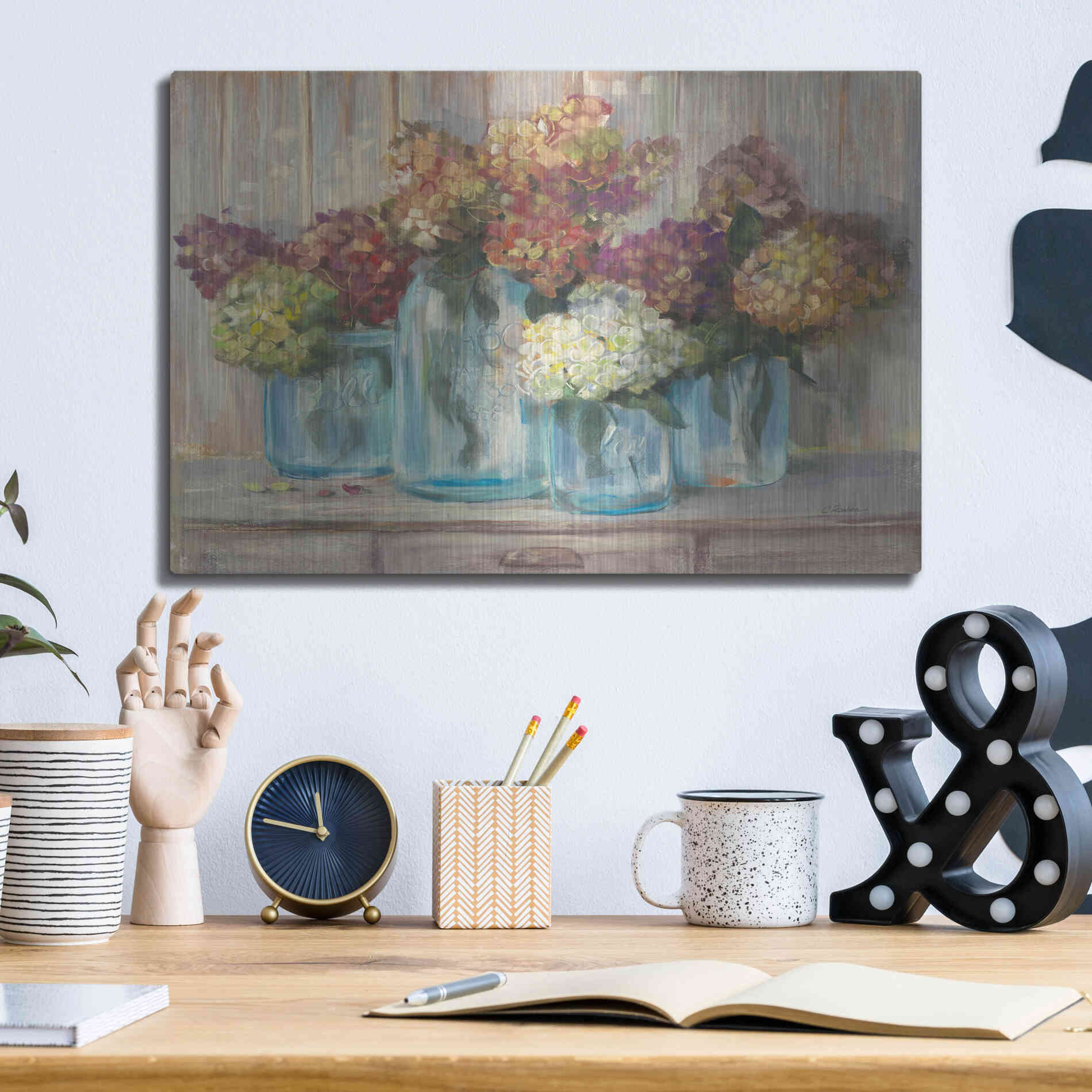 Luxe Metal Art 'Hydrangeas In Glass Jars' by Carol Rowan, Metal Wall Art,16x12