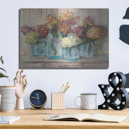 Luxe Metal Art 'Hydrangeas In Glass Jars' by Carol Rowan, Metal Wall Art,16x12