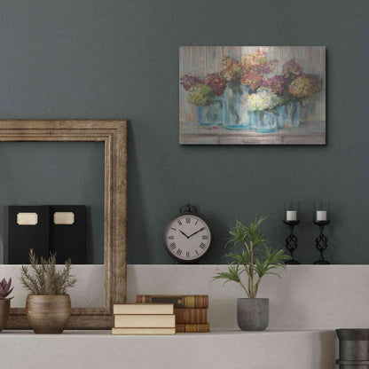 Luxe Metal Art 'Hydrangeas In Glass Jars' by Carol Rowan, Metal Wall Art,16x12