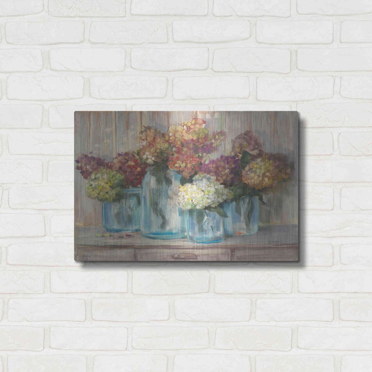 Luxe Metal Art 'Hydrangeas In Glass Jars' by Carol Rowan, Metal Wall Art,24x16