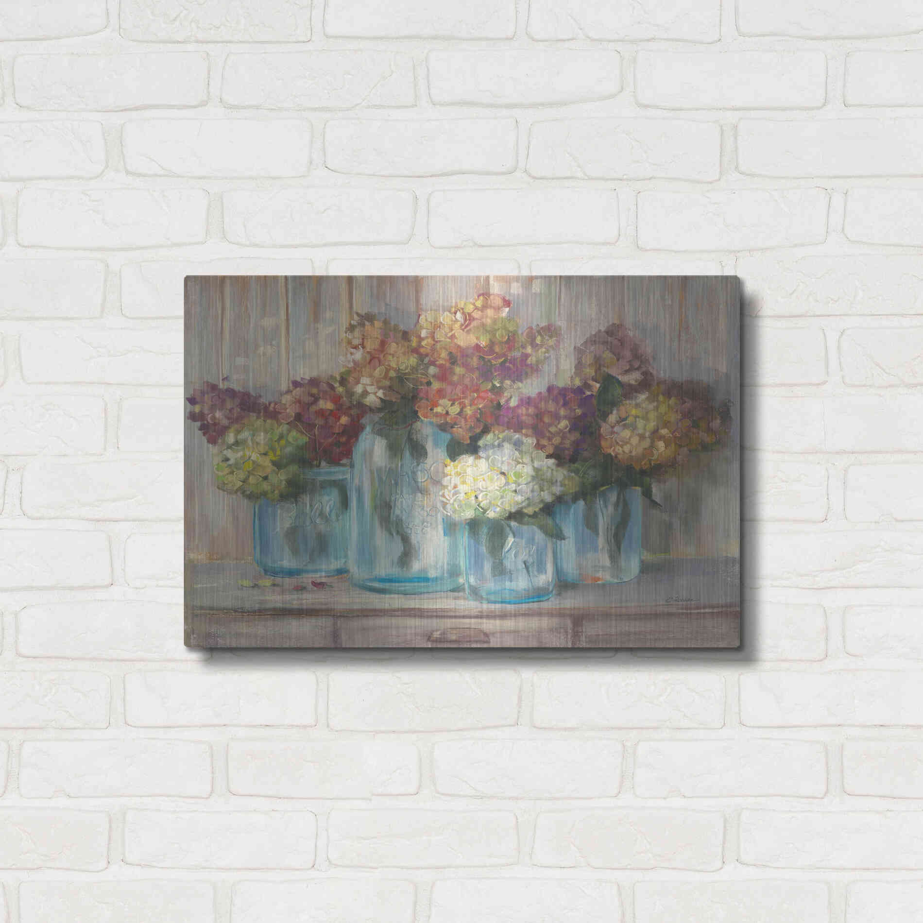 Luxe Metal Art 'Hydrangeas In Glass Jars' by Carol Rowan, Metal Wall Art,24x16