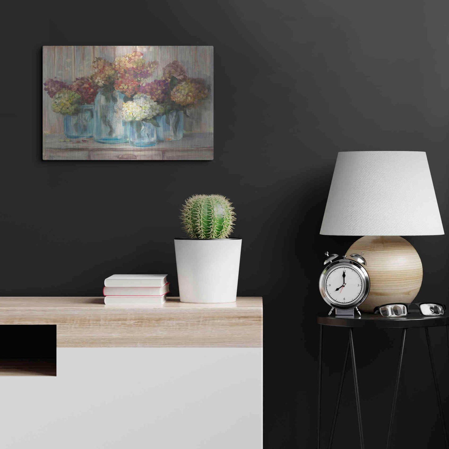 Luxe Metal Art 'Hydrangeas In Glass Jars' by Carol Rowan, Metal Wall Art,24x16