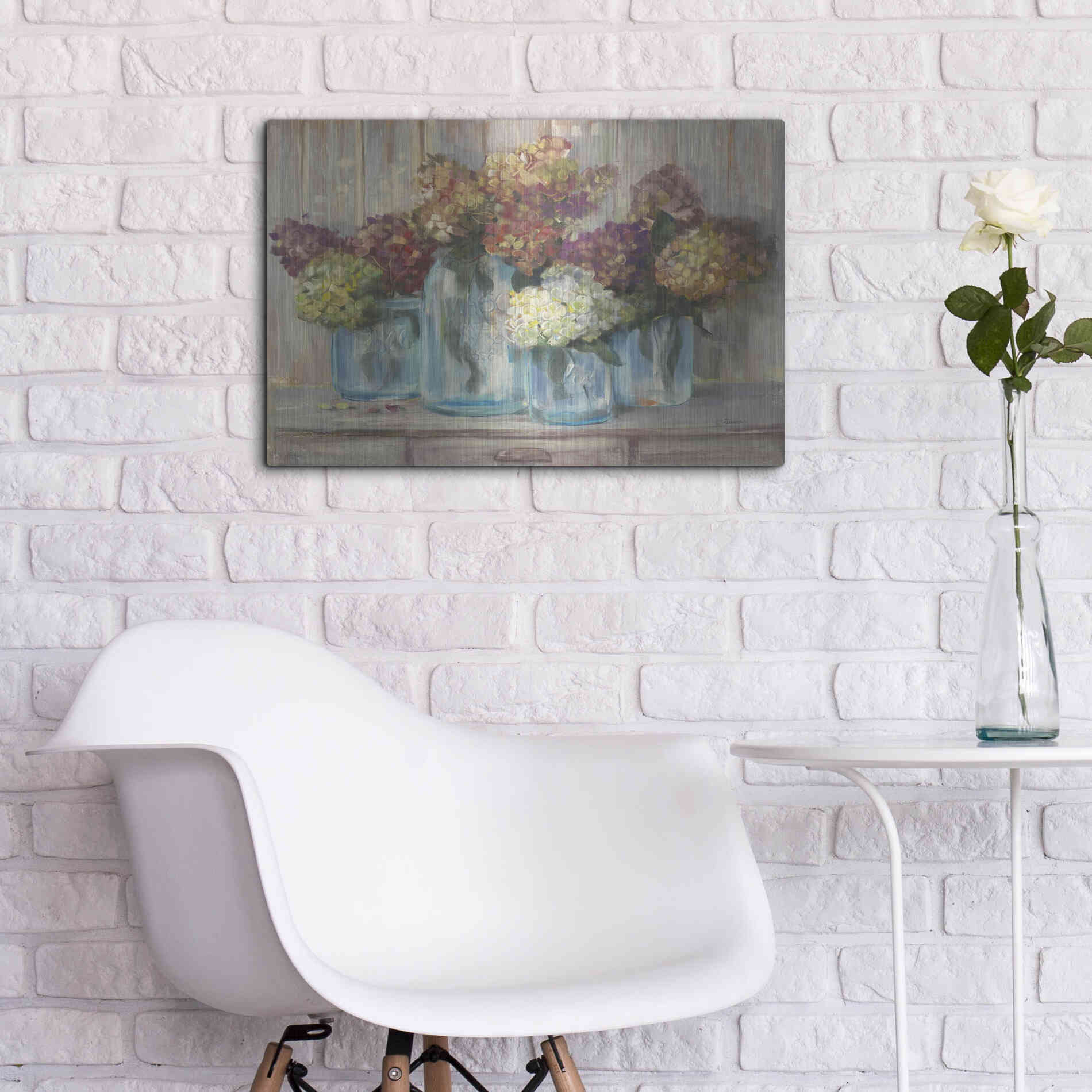 Luxe Metal Art 'Hydrangeas In Glass Jars' by Carol Rowan, Metal Wall Art,24x16