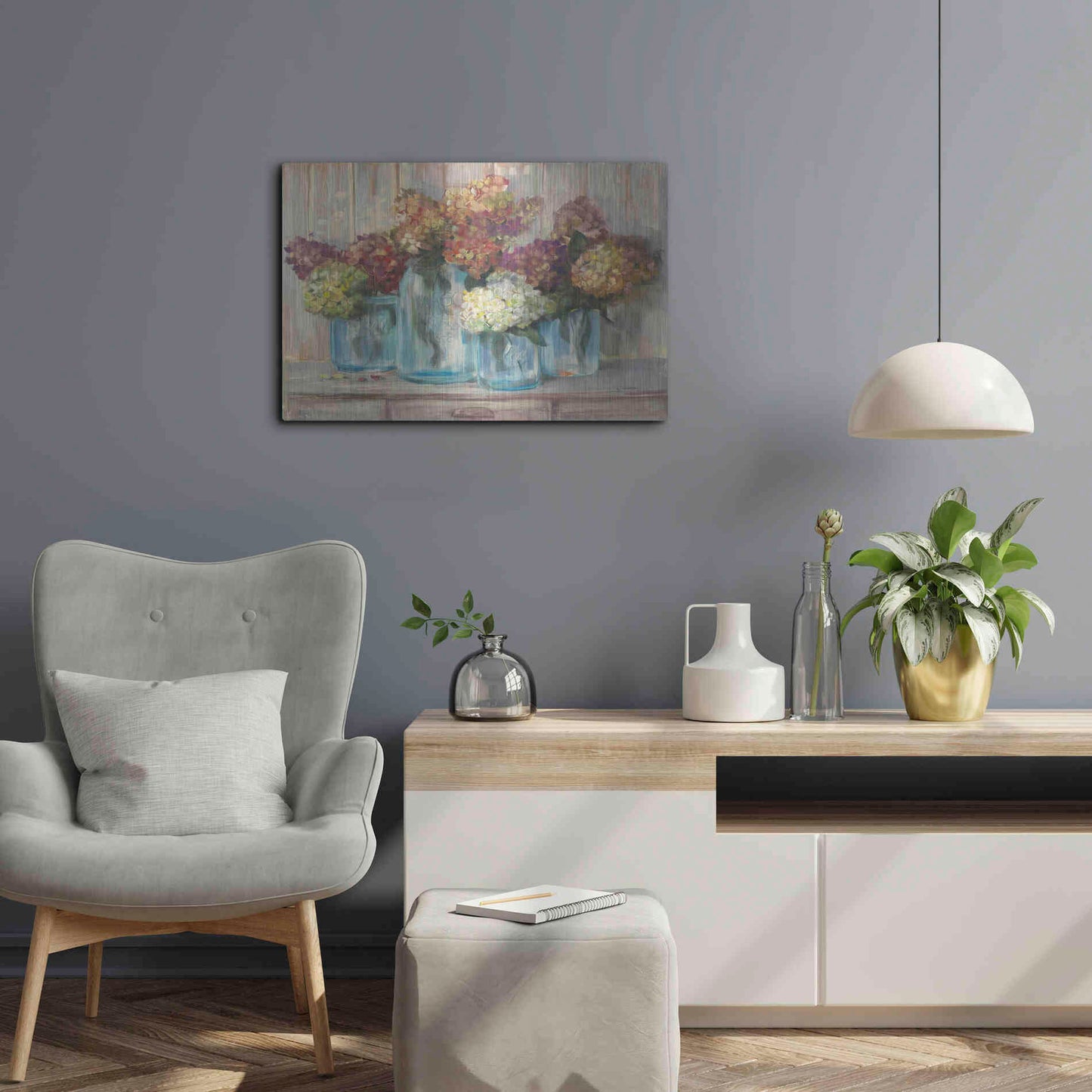 Luxe Metal Art 'Hydrangeas In Glass Jars' by Carol Rowan, Metal Wall Art,24x16