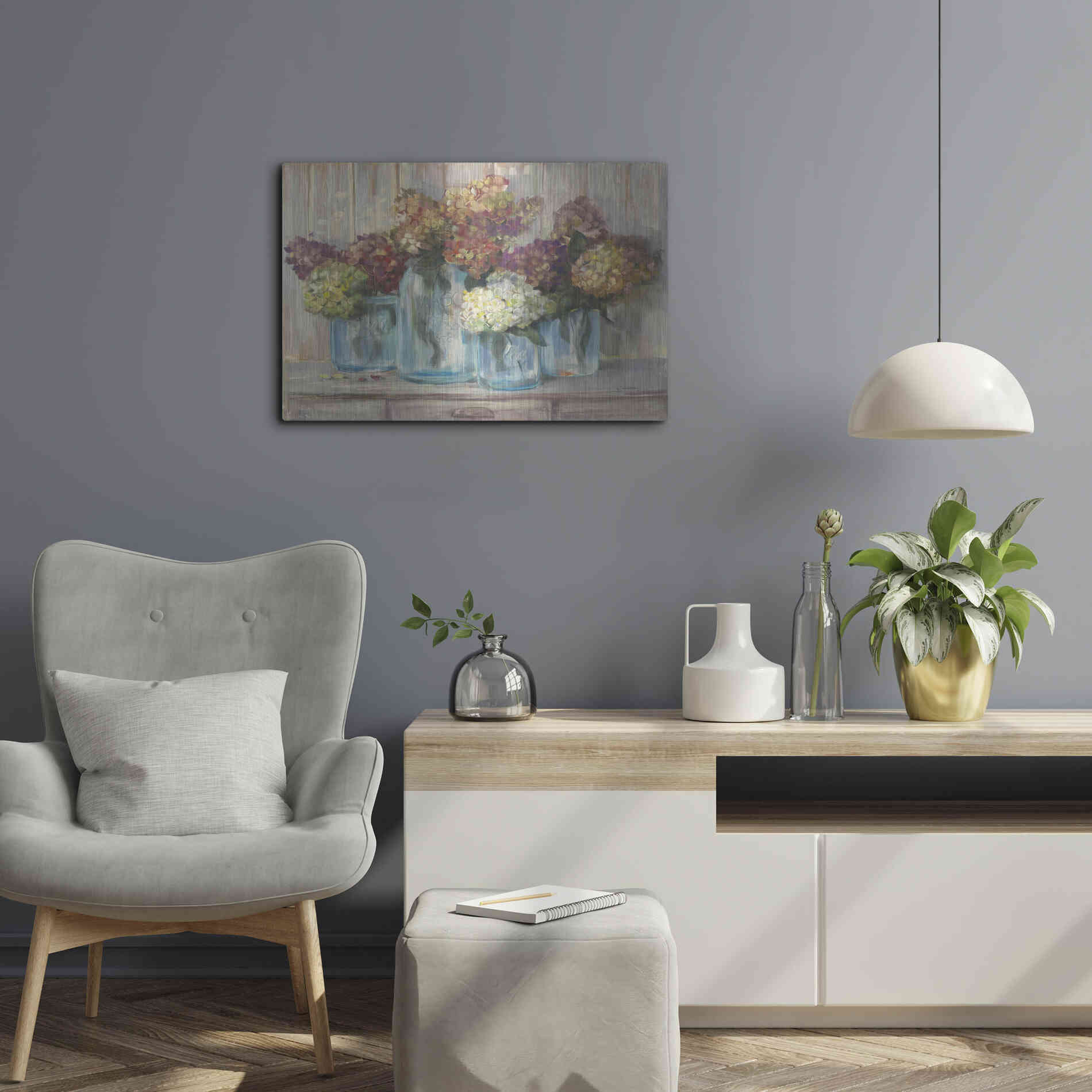 Luxe Metal Art 'Hydrangeas In Glass Jars' by Carol Rowan, Metal Wall Art,24x16