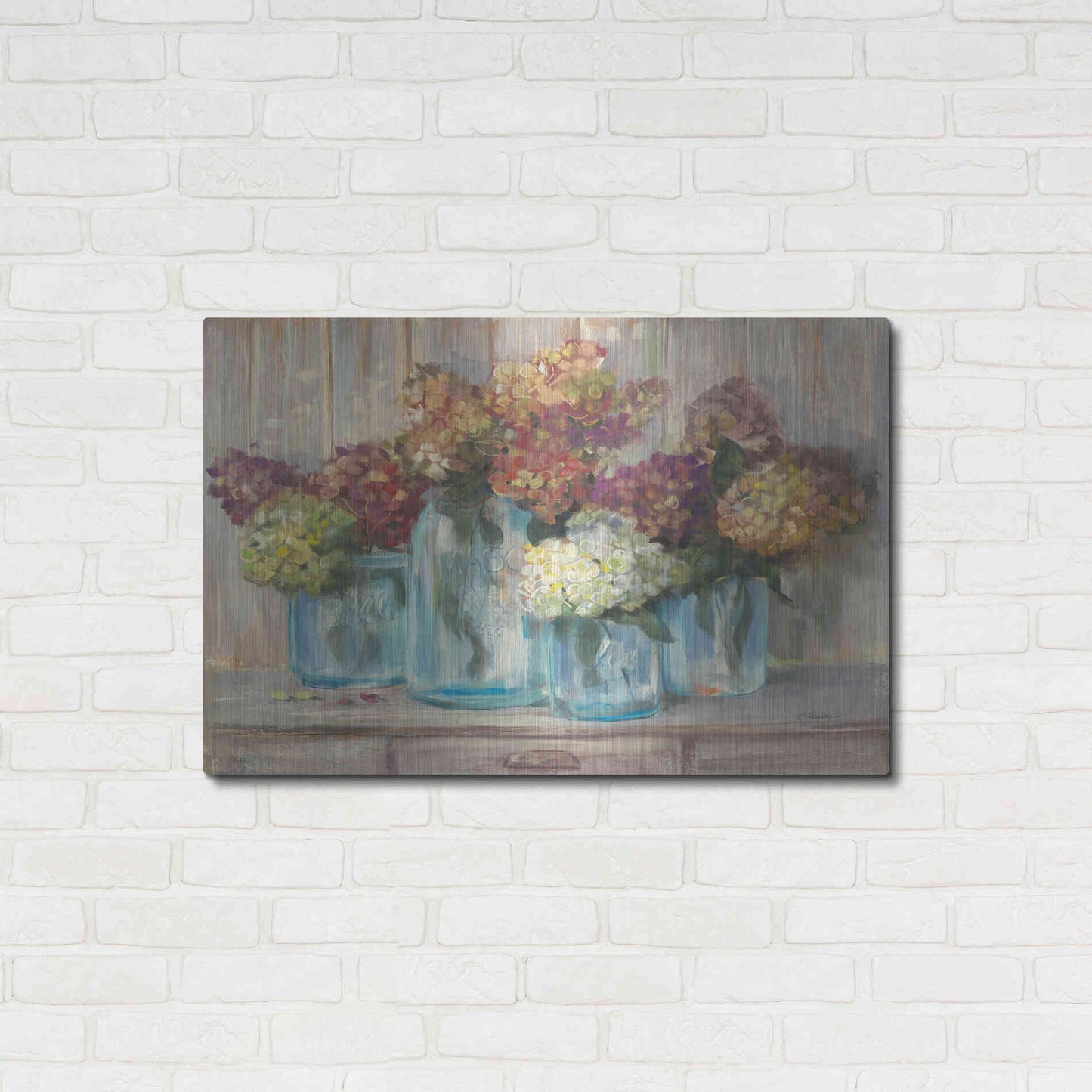 Luxe Metal Art 'Hydrangeas In Glass Jars' by Carol Rowan, Metal Wall Art,36x24