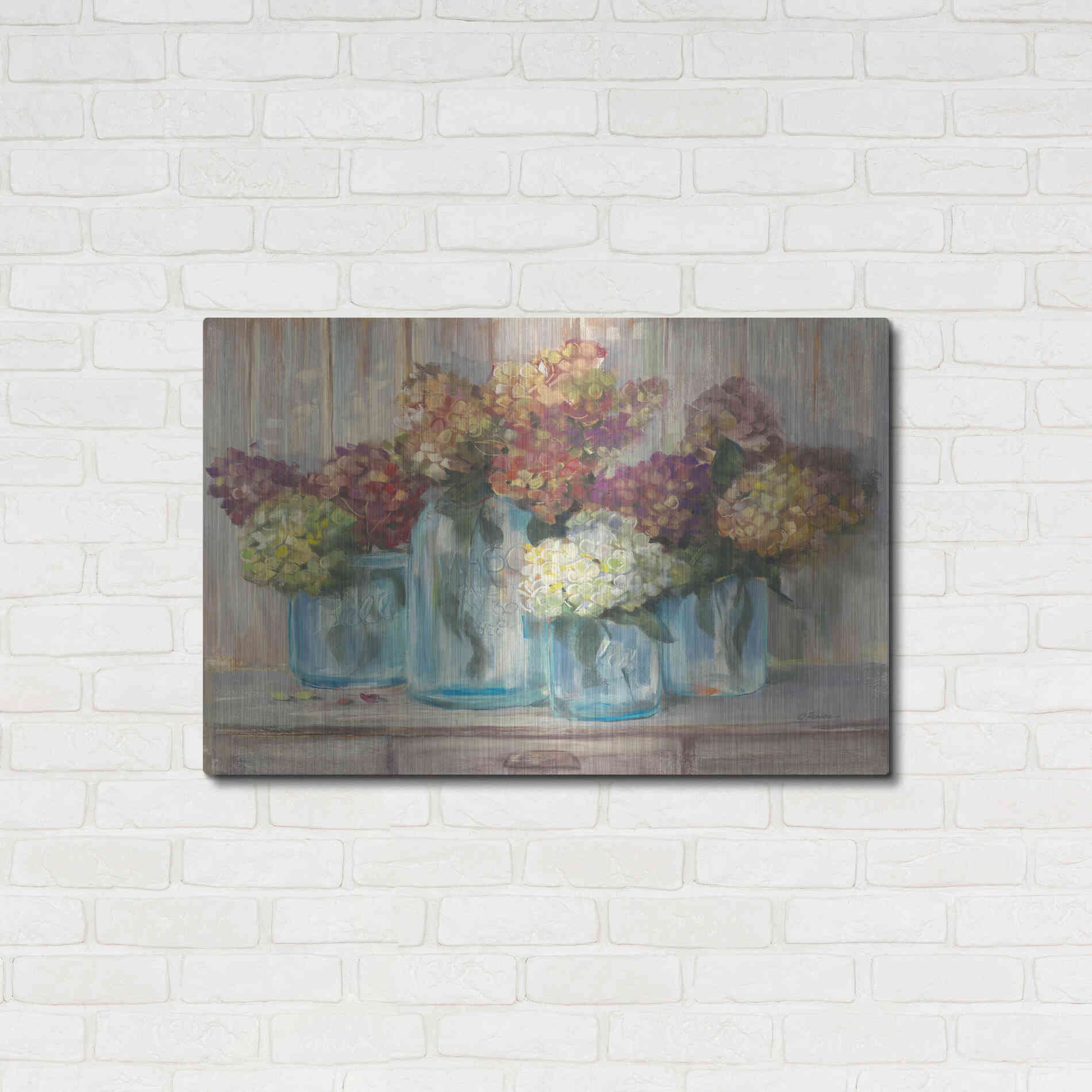 Luxe Metal Art 'Hydrangeas In Glass Jars' by Carol Rowan, Metal Wall Art,36x24