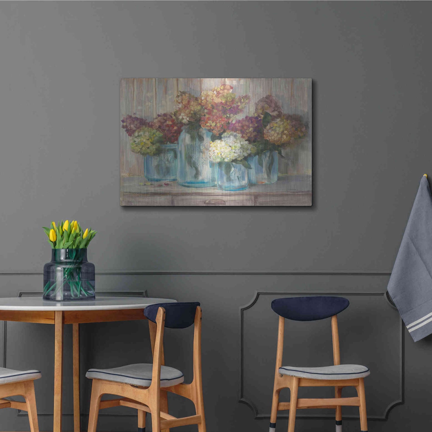 Luxe Metal Art 'Hydrangeas In Glass Jars' by Carol Rowan, Metal Wall Art,36x24