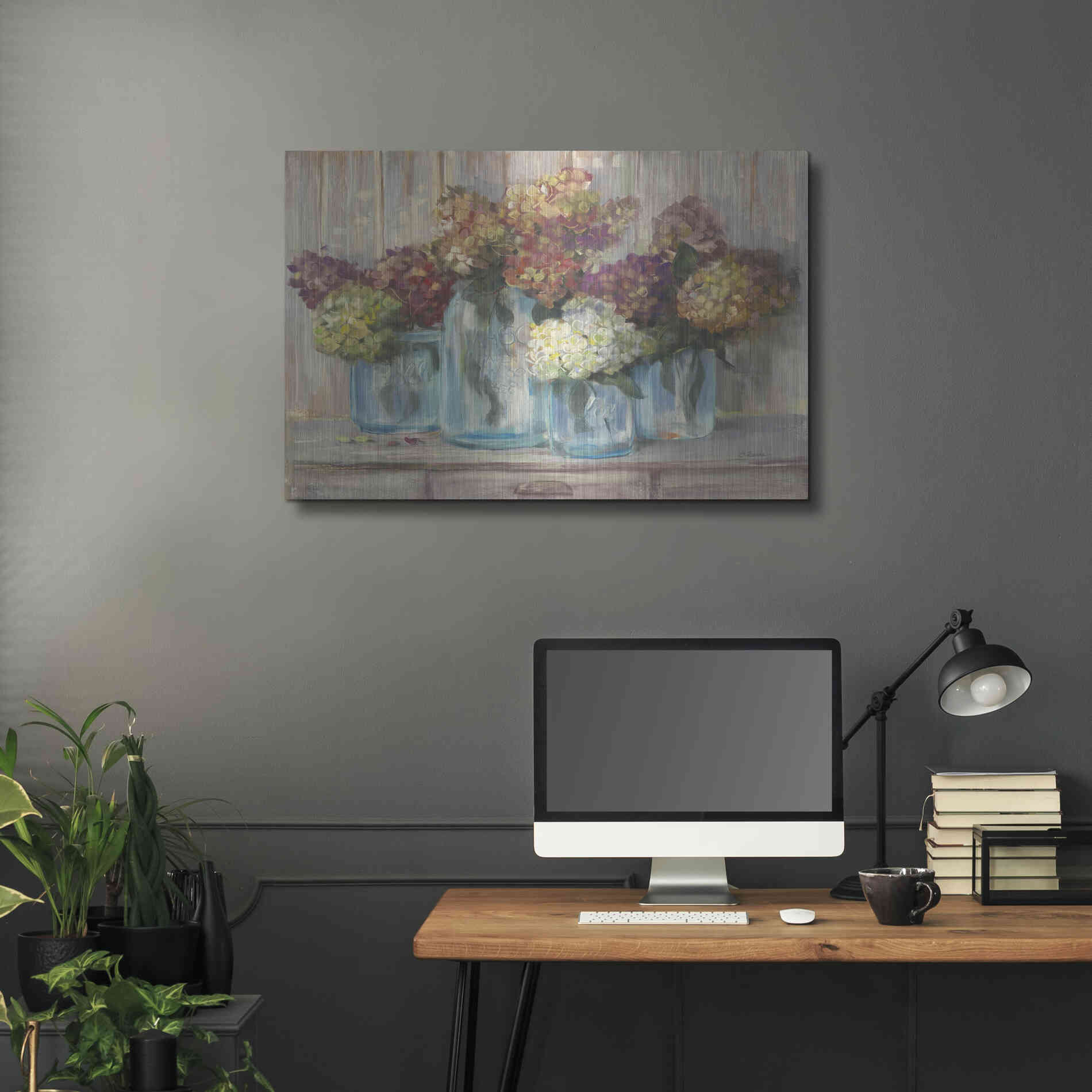 Luxe Metal Art 'Hydrangeas In Glass Jars' by Carol Rowan, Metal Wall Art,36x24