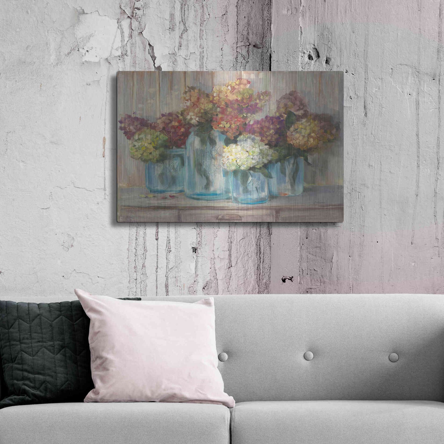 Luxe Metal Art 'Hydrangeas In Glass Jars' by Carol Rowan, Metal Wall Art,36x24