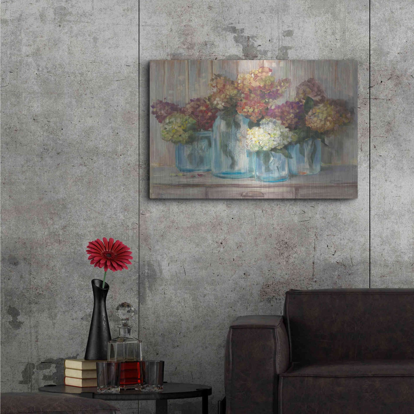 Luxe Metal Art 'Hydrangeas In Glass Jars' by Carol Rowan, Metal Wall Art,36x24