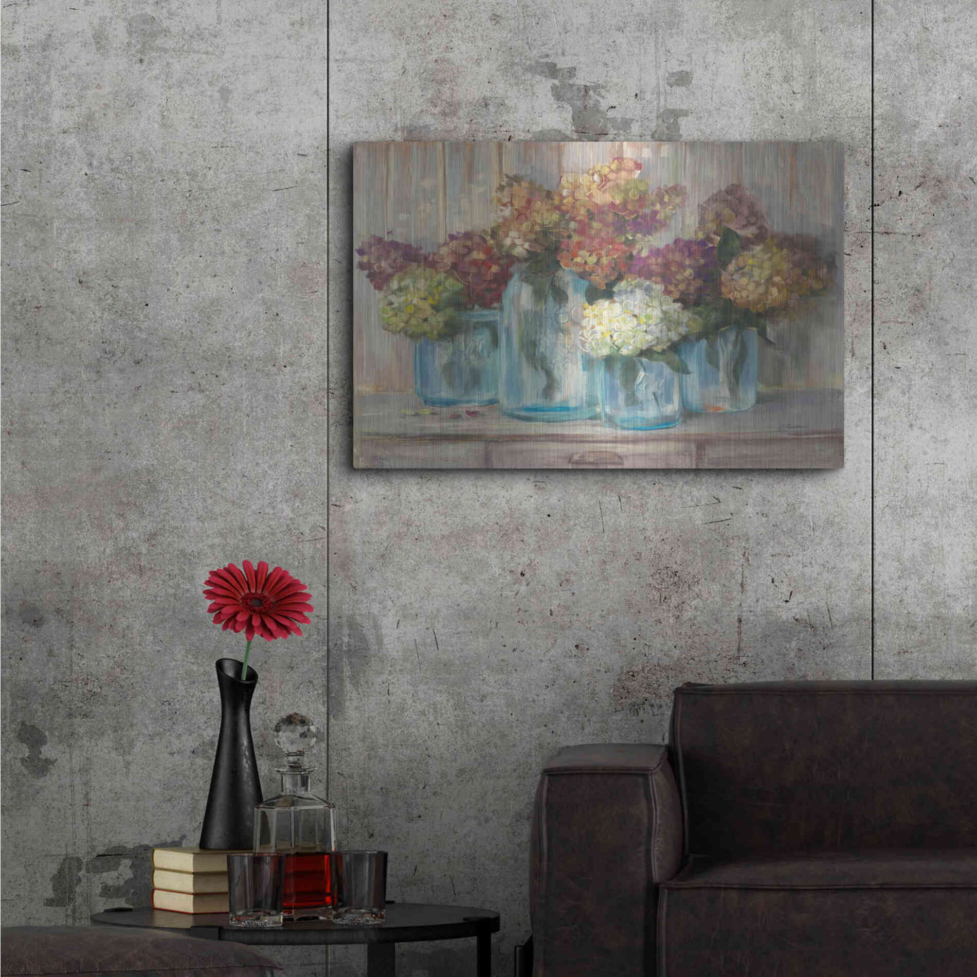 Luxe Metal Art 'Hydrangeas In Glass Jars' by Carol Rowan, Metal Wall Art,36x24