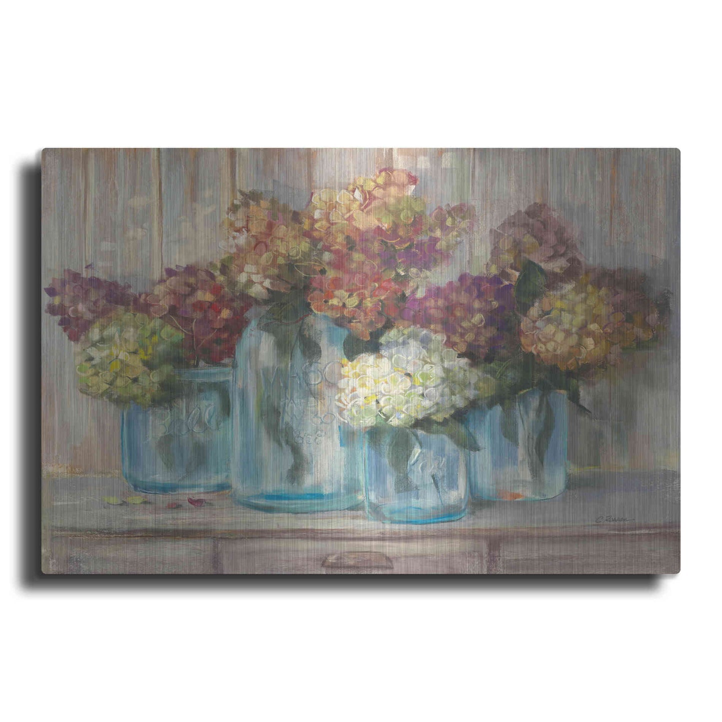 Luxe Metal Art 'Hydrangeas In Glass Jars' by Carol Rowan, Metal Wall Art