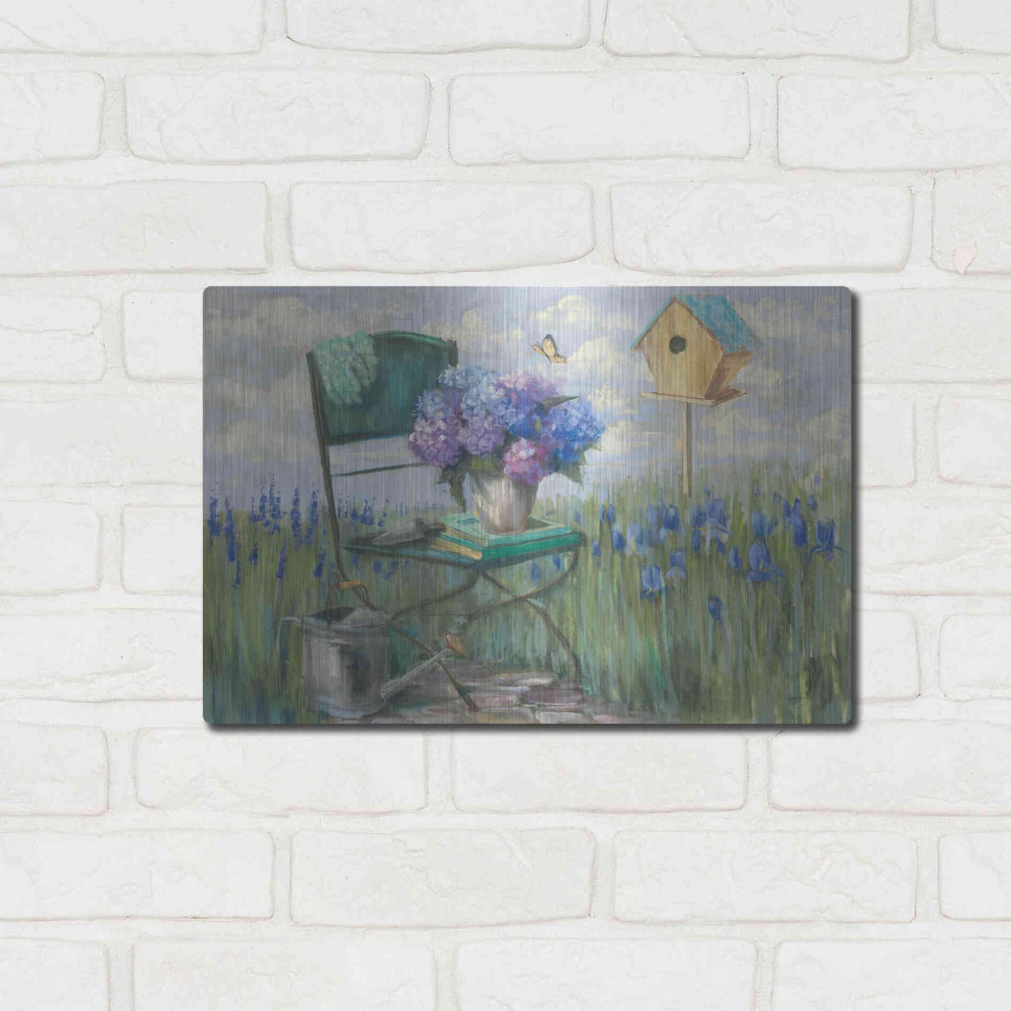 Luxe Metal Art 'Green Chair With Hydrangea' by Carol Rowan, Metal Wall Art,16x12