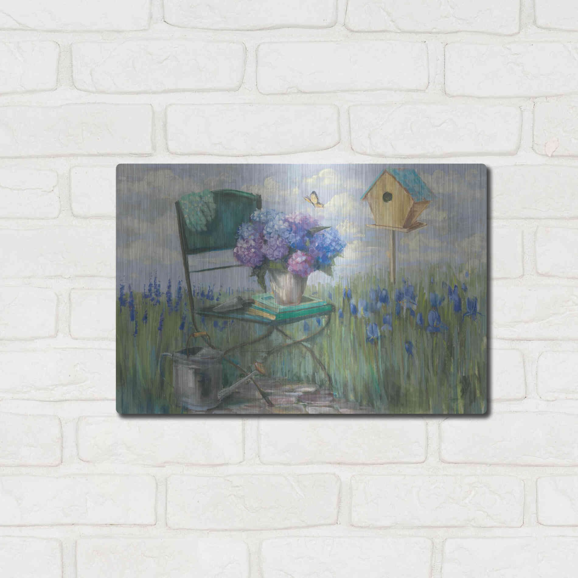 Luxe Metal Art 'Green Chair With Hydrangea' by Carol Rowan, Metal Wall Art,16x12