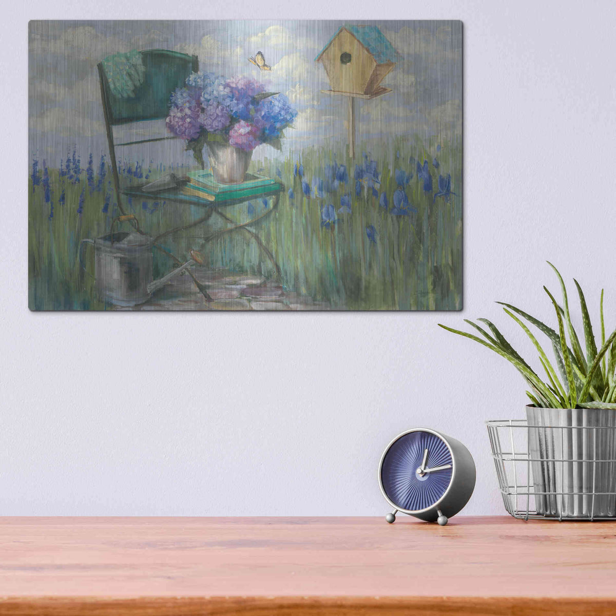 Luxe Metal Art 'Green Chair With Hydrangea' by Carol Rowan, Metal Wall Art,16x12