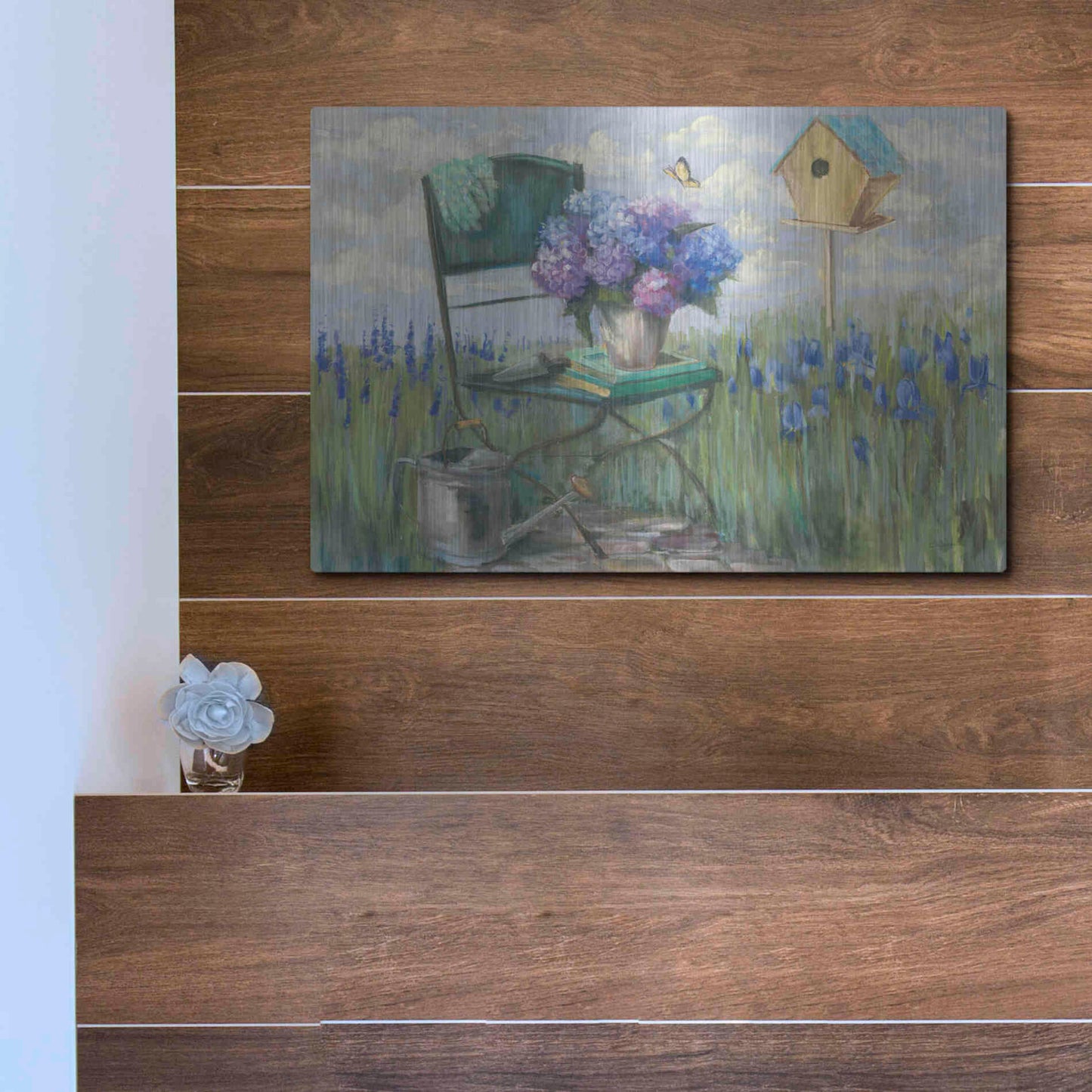 Luxe Metal Art 'Green Chair With Hydrangea' by Carol Rowan, Metal Wall Art,16x12