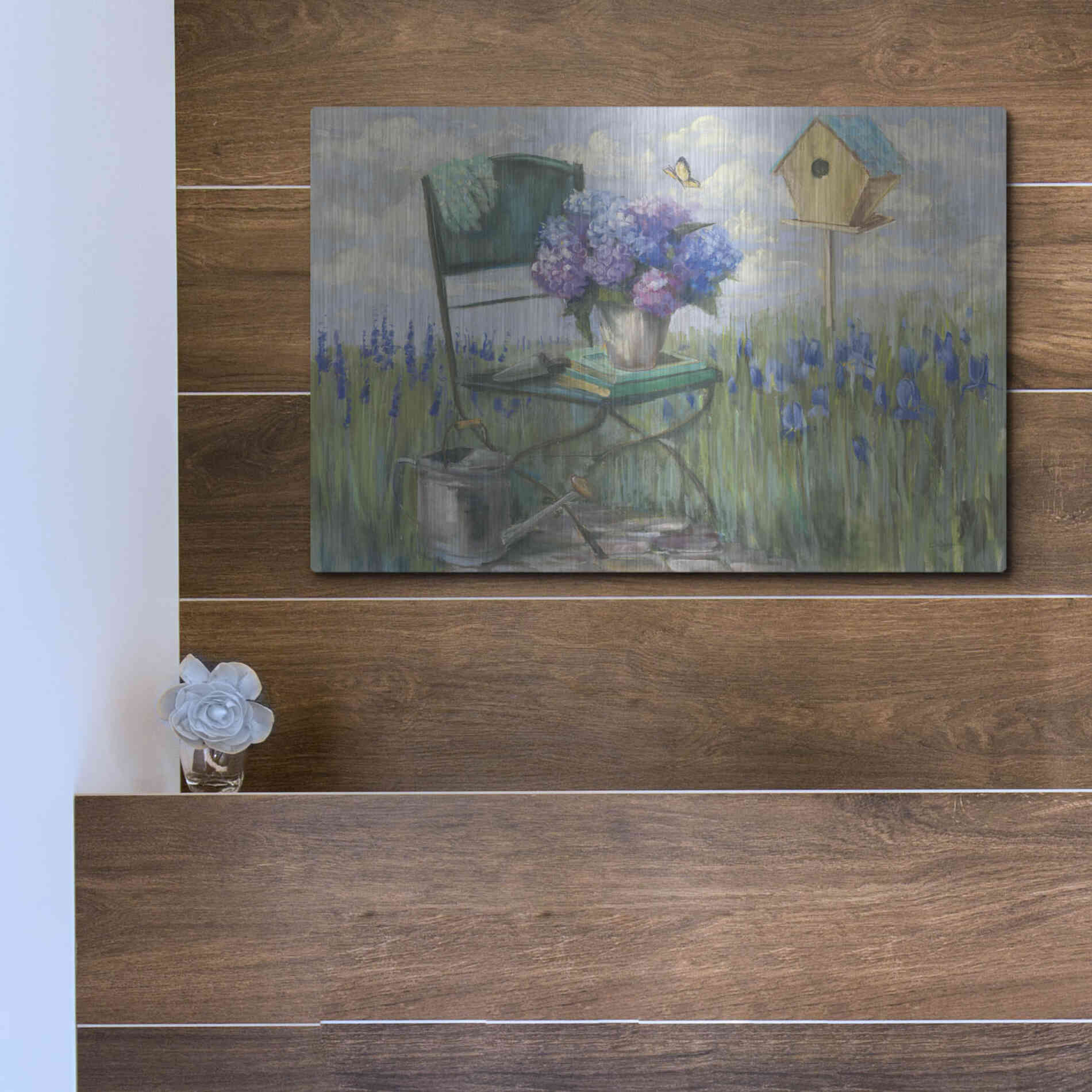 Luxe Metal Art 'Green Chair With Hydrangea' by Carol Rowan, Metal Wall Art,16x12