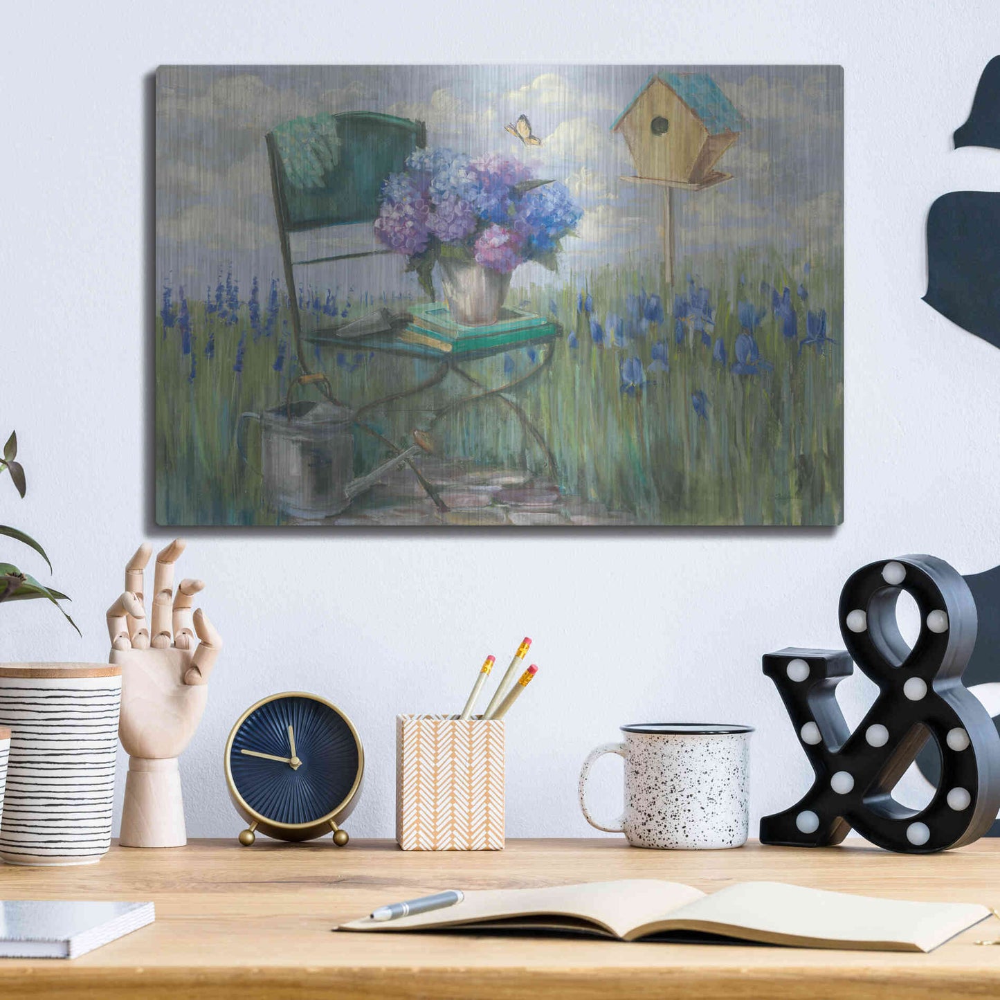 Luxe Metal Art 'Green Chair With Hydrangea' by Carol Rowan, Metal Wall Art,16x12