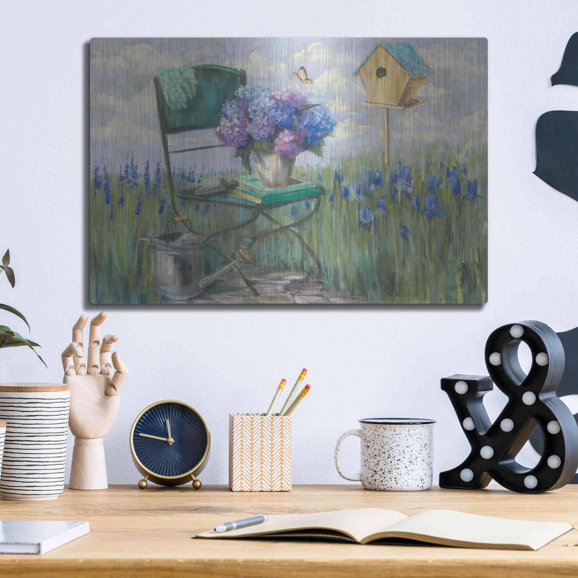 Luxe Metal Art 'Green Chair With Hydrangea' by Carol Rowan, Metal Wall Art,16x12