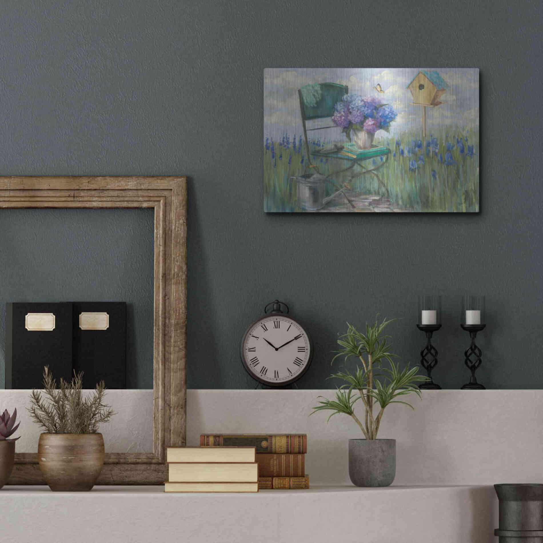 Luxe Metal Art 'Green Chair With Hydrangea' by Carol Rowan, Metal Wall Art,16x12