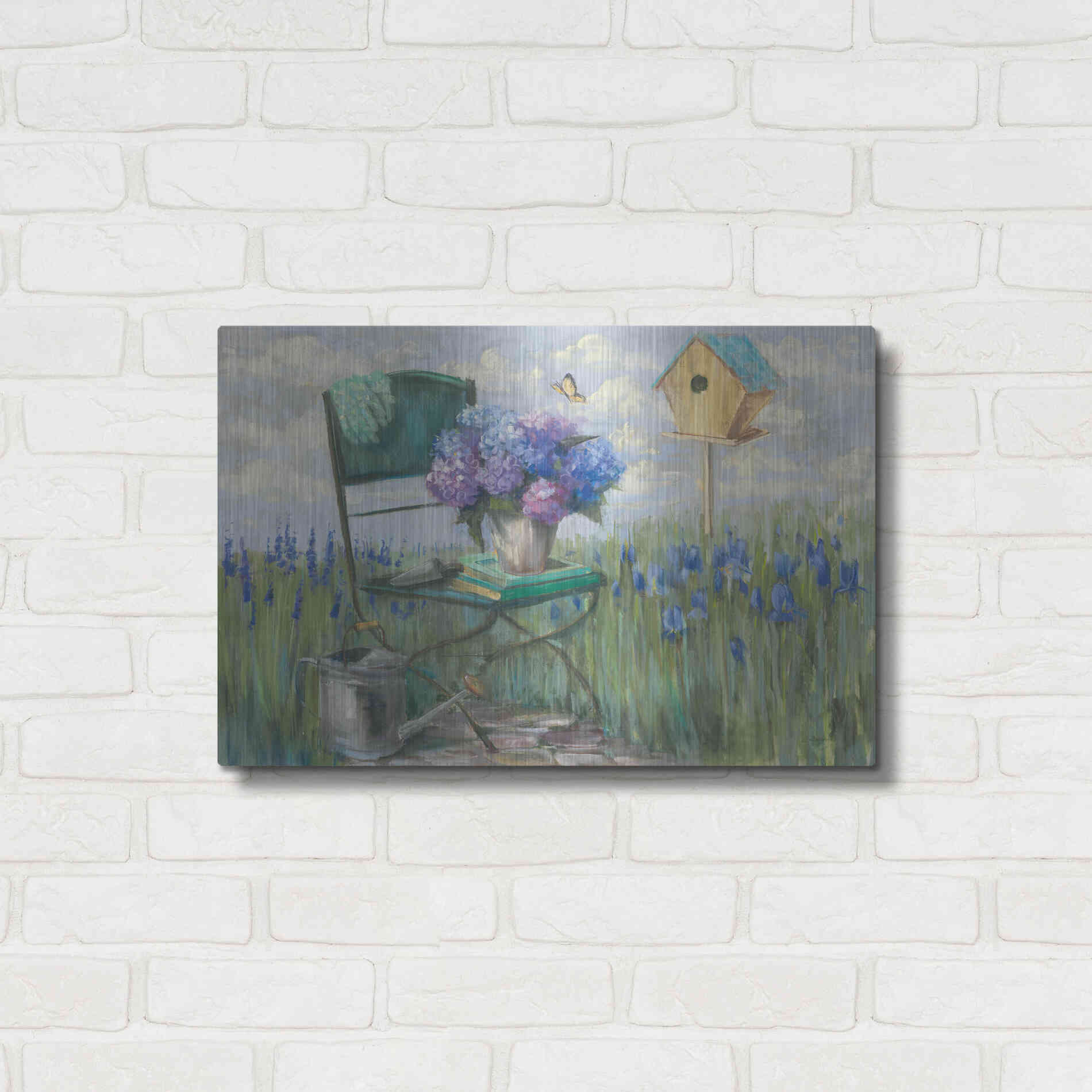 Luxe Metal Art 'Green Chair With Hydrangea' by Carol Rowan, Metal Wall Art,24x16