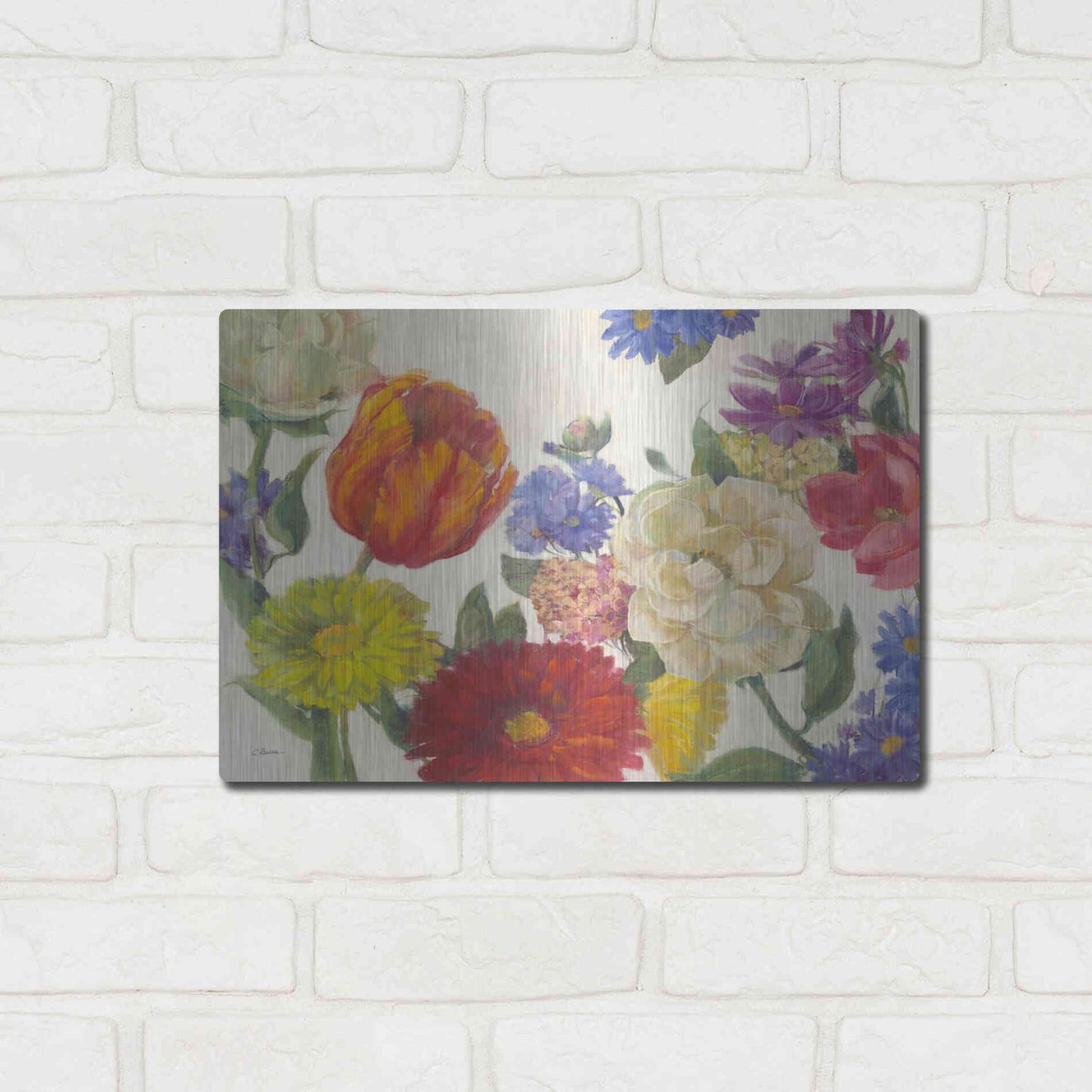 Luxe Metal Art 'Colorful Flowers On White' by Carol Rowan, Metal Wall Art,16x12