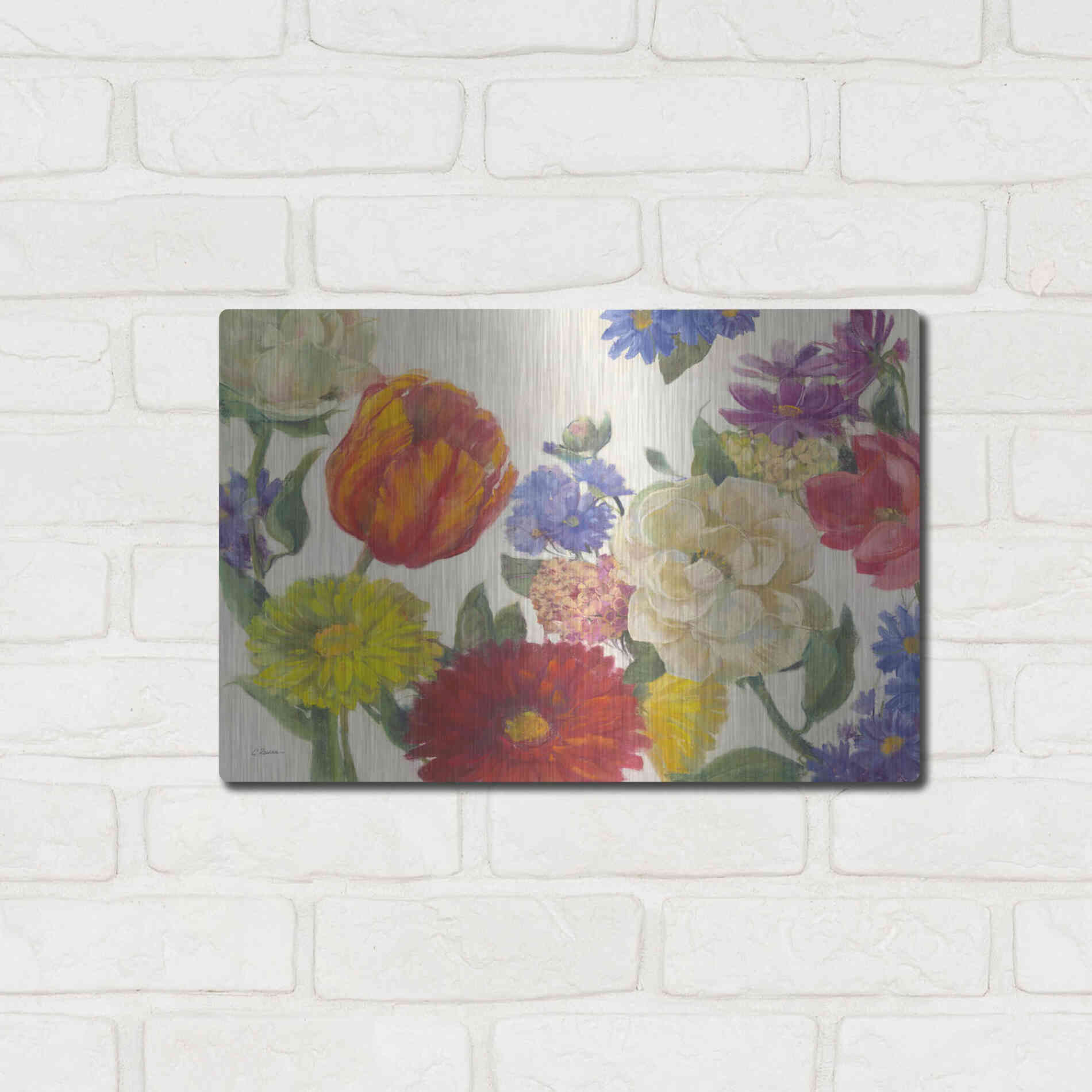 Luxe Metal Art 'Colorful Flowers On White' by Carol Rowan, Metal Wall Art,16x12