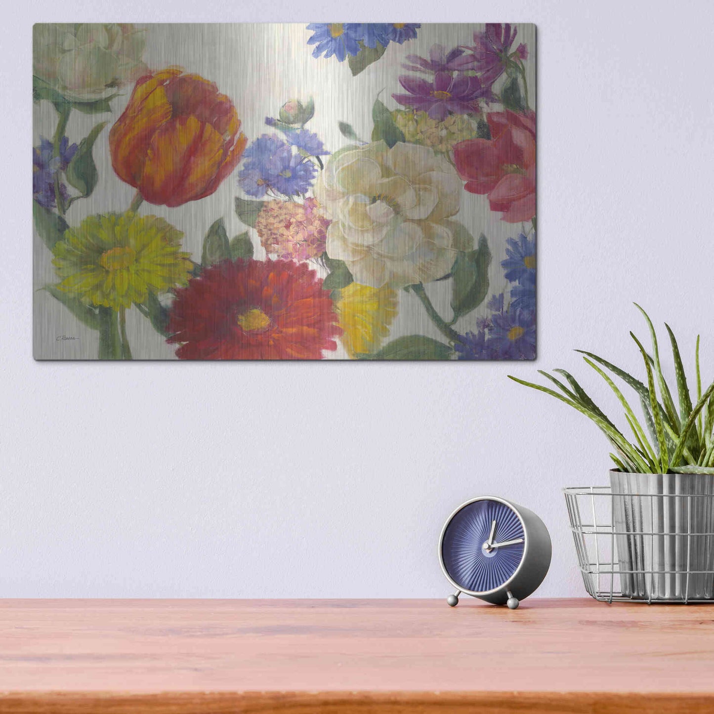 Luxe Metal Art 'Colorful Flowers On White' by Carol Rowan, Metal Wall Art,16x12