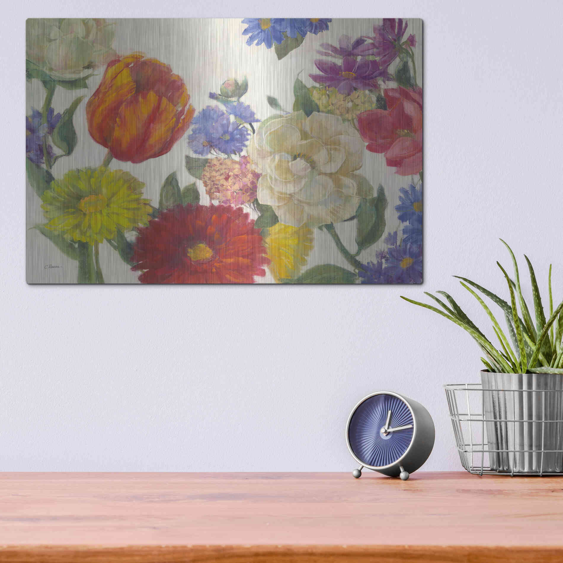 Luxe Metal Art 'Colorful Flowers On White' by Carol Rowan, Metal Wall Art,16x12