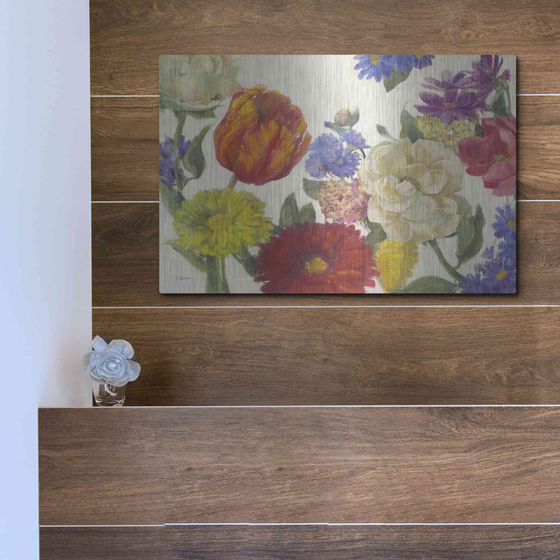 Luxe Metal Art 'Colorful Flowers On White' by Carol Rowan, Metal Wall Art,16x12