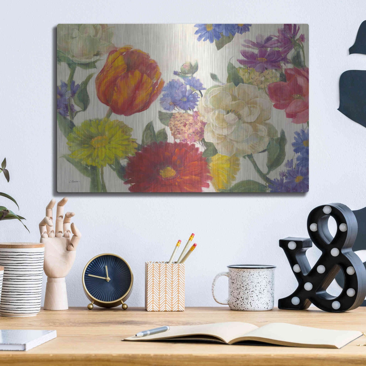 Luxe Metal Art 'Colorful Flowers On White' by Carol Rowan, Metal Wall Art,16x12