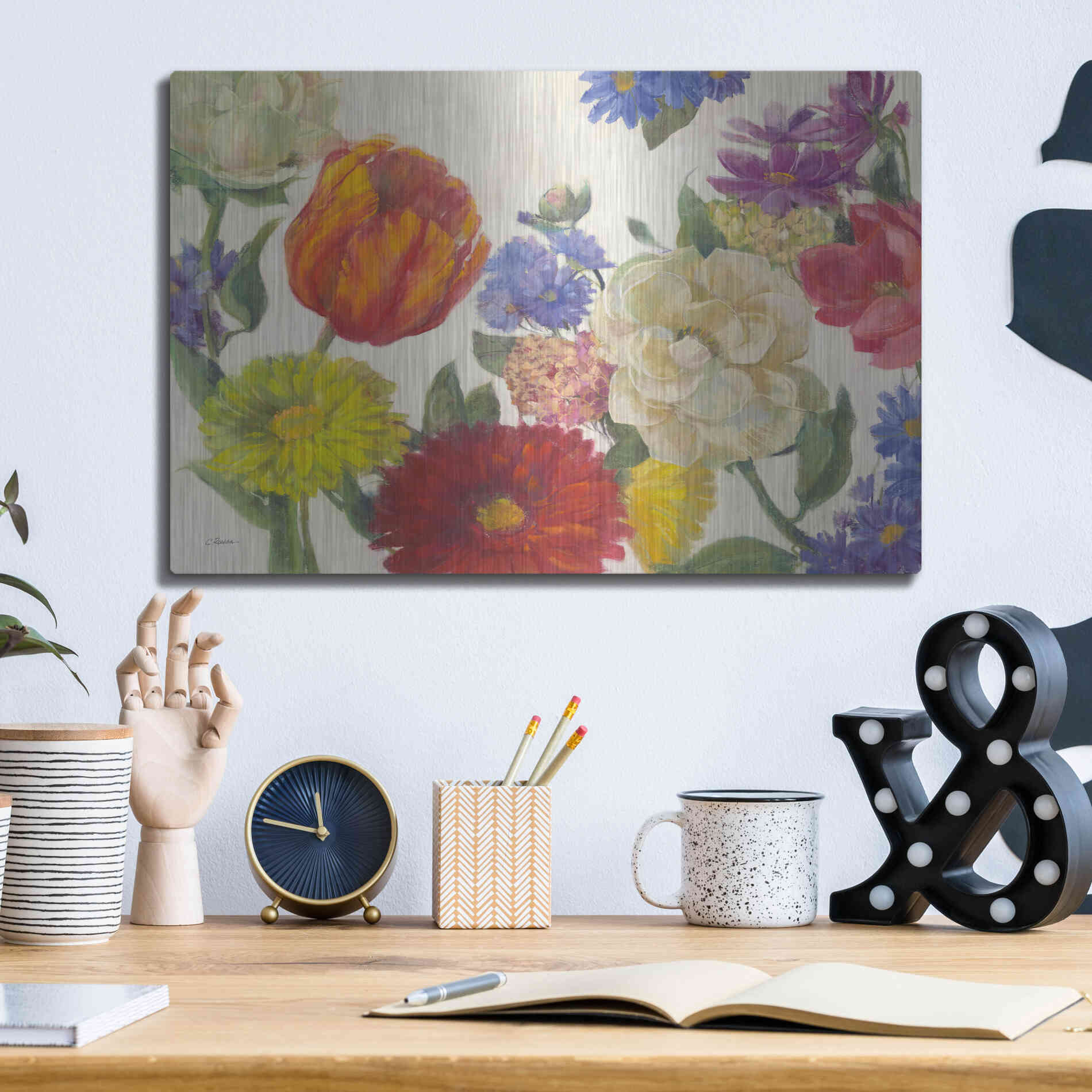 Luxe Metal Art 'Colorful Flowers On White' by Carol Rowan, Metal Wall Art,16x12