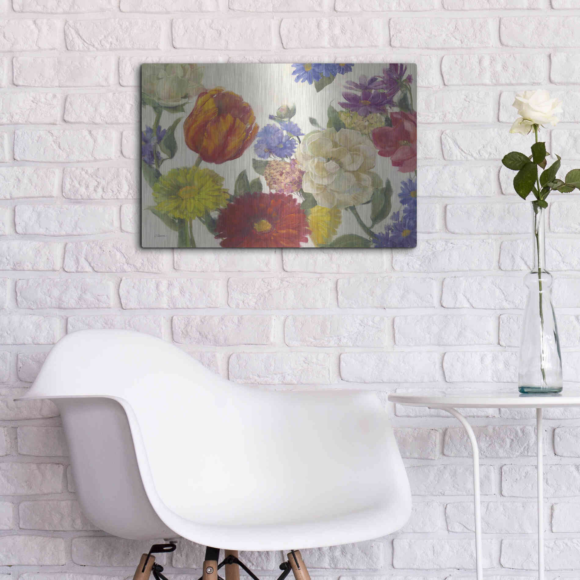 Luxe Metal Art 'Colorful Flowers On White' by Carol Rowan, Metal Wall Art,24x16