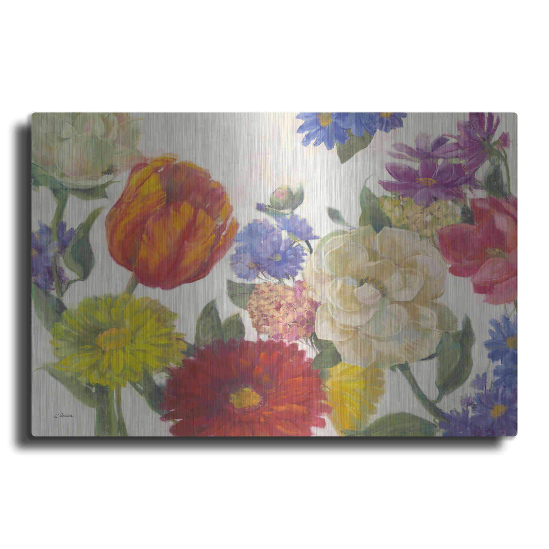Luxe Metal Art 'Colorful Flowers On White' by Carol Rowan, Metal Wall Art