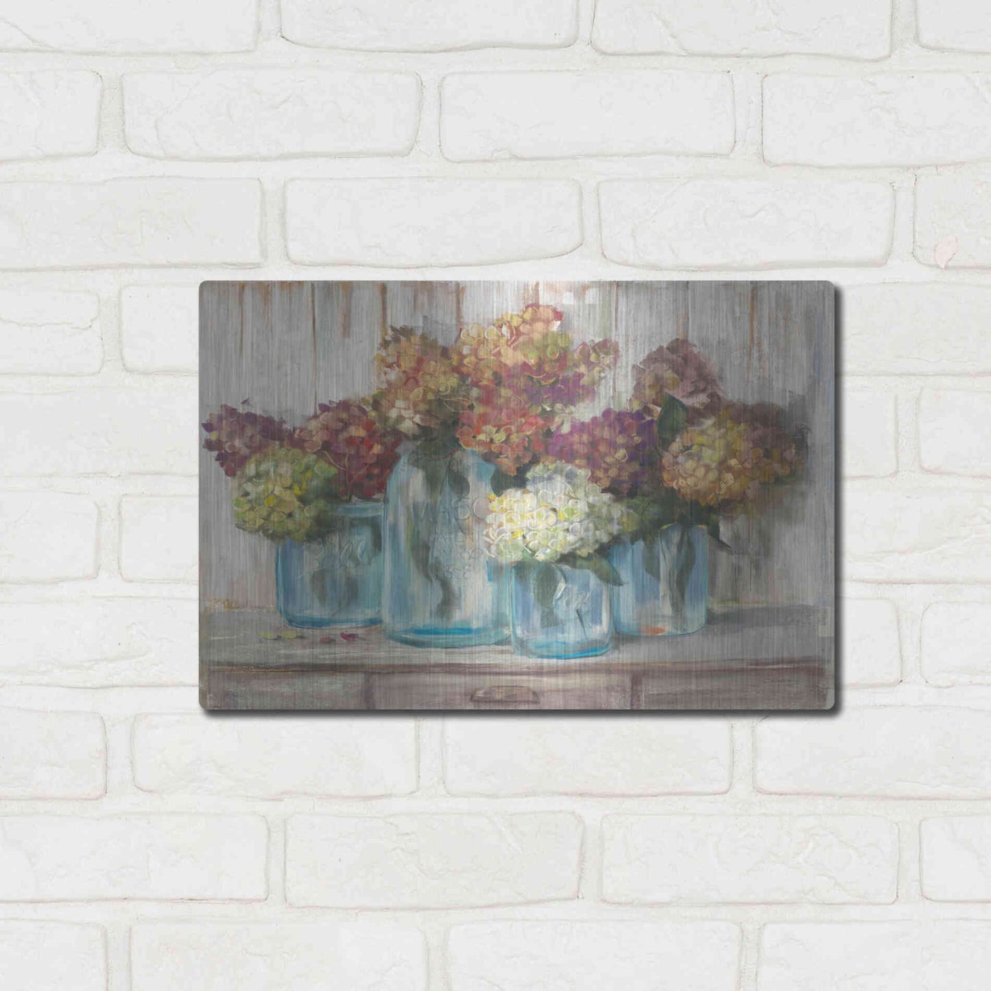 Luxe Metal Art 'Hydrangeas In Glass Jars White Wood' by Carol Rowan, Metal Wall Art,16x12