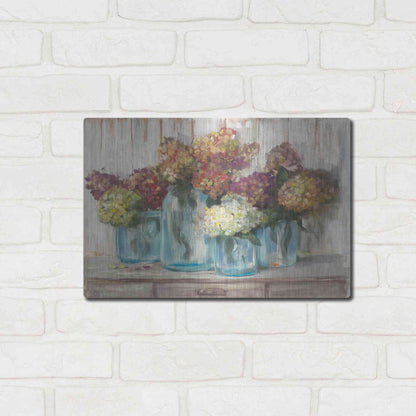 Luxe Metal Art 'Hydrangeas In Glass Jars White Wood' by Carol Rowan, Metal Wall Art,16x12