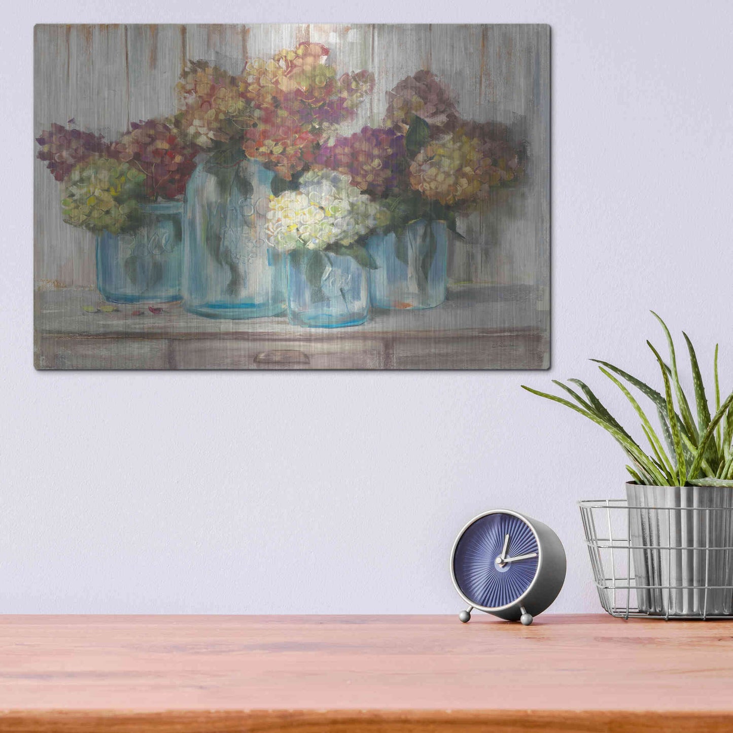 Luxe Metal Art 'Hydrangeas In Glass Jars White Wood' by Carol Rowan, Metal Wall Art,16x12