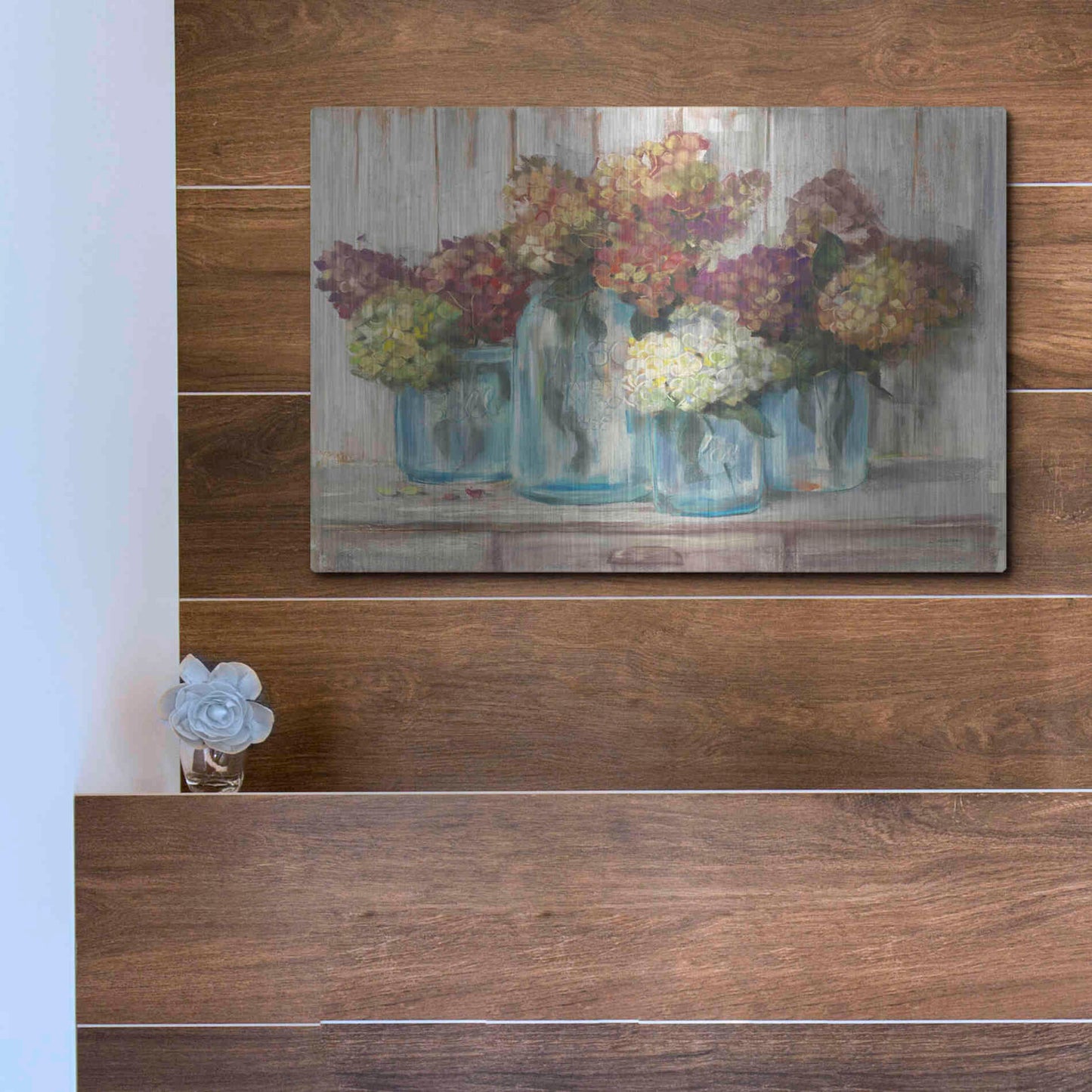 Luxe Metal Art 'Hydrangeas In Glass Jars White Wood' by Carol Rowan, Metal Wall Art,16x12