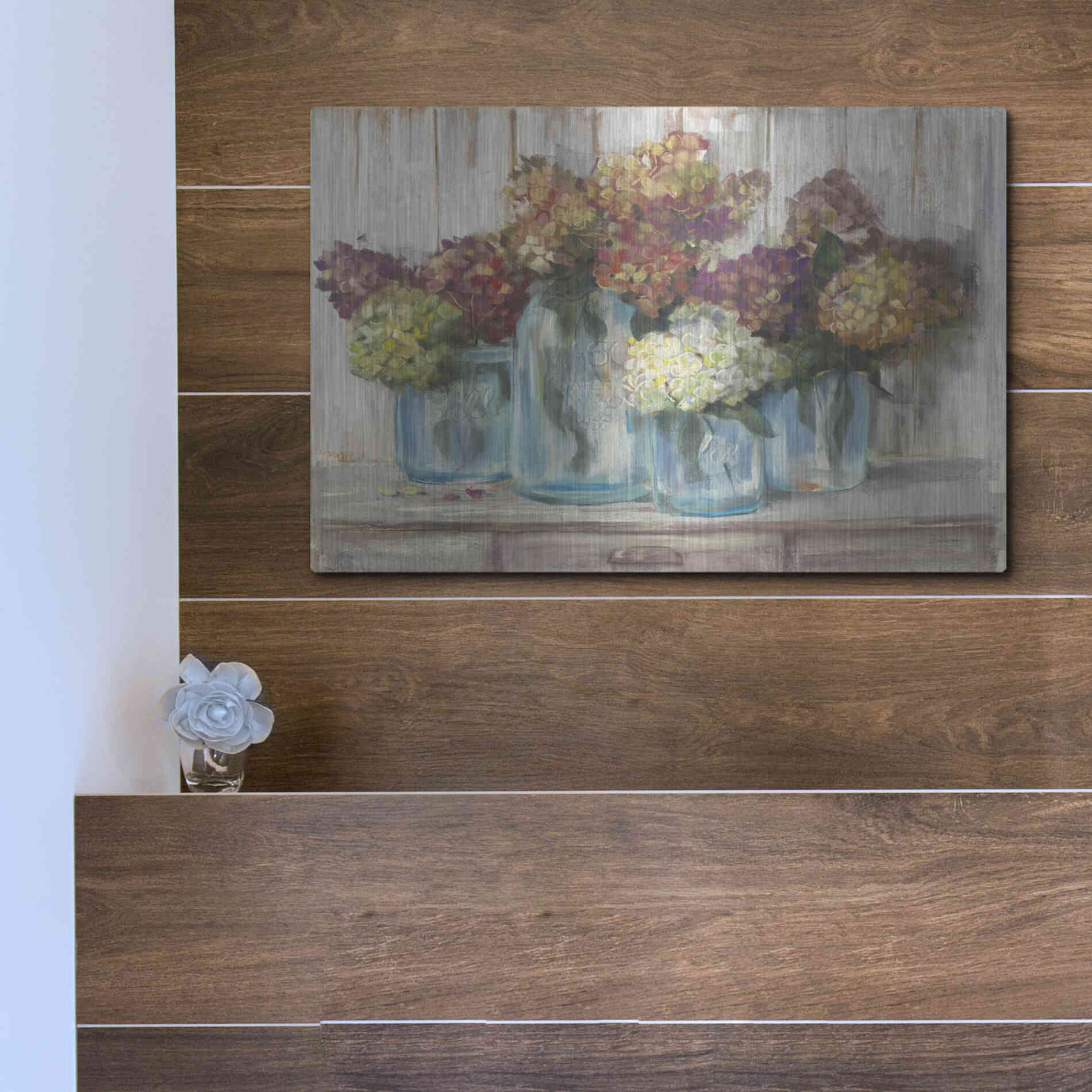 Luxe Metal Art 'Hydrangeas In Glass Jars White Wood' by Carol Rowan, Metal Wall Art,16x12