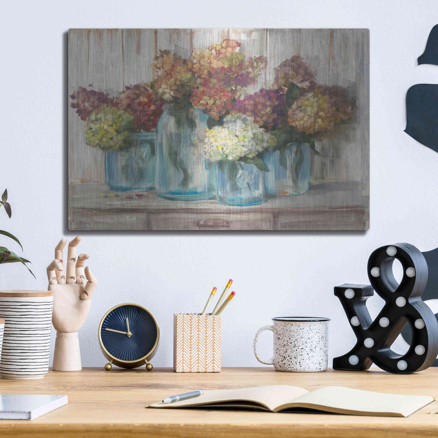 Luxe Metal Art 'Hydrangeas In Glass Jars White Wood' by Carol Rowan, Metal Wall Art,16x12