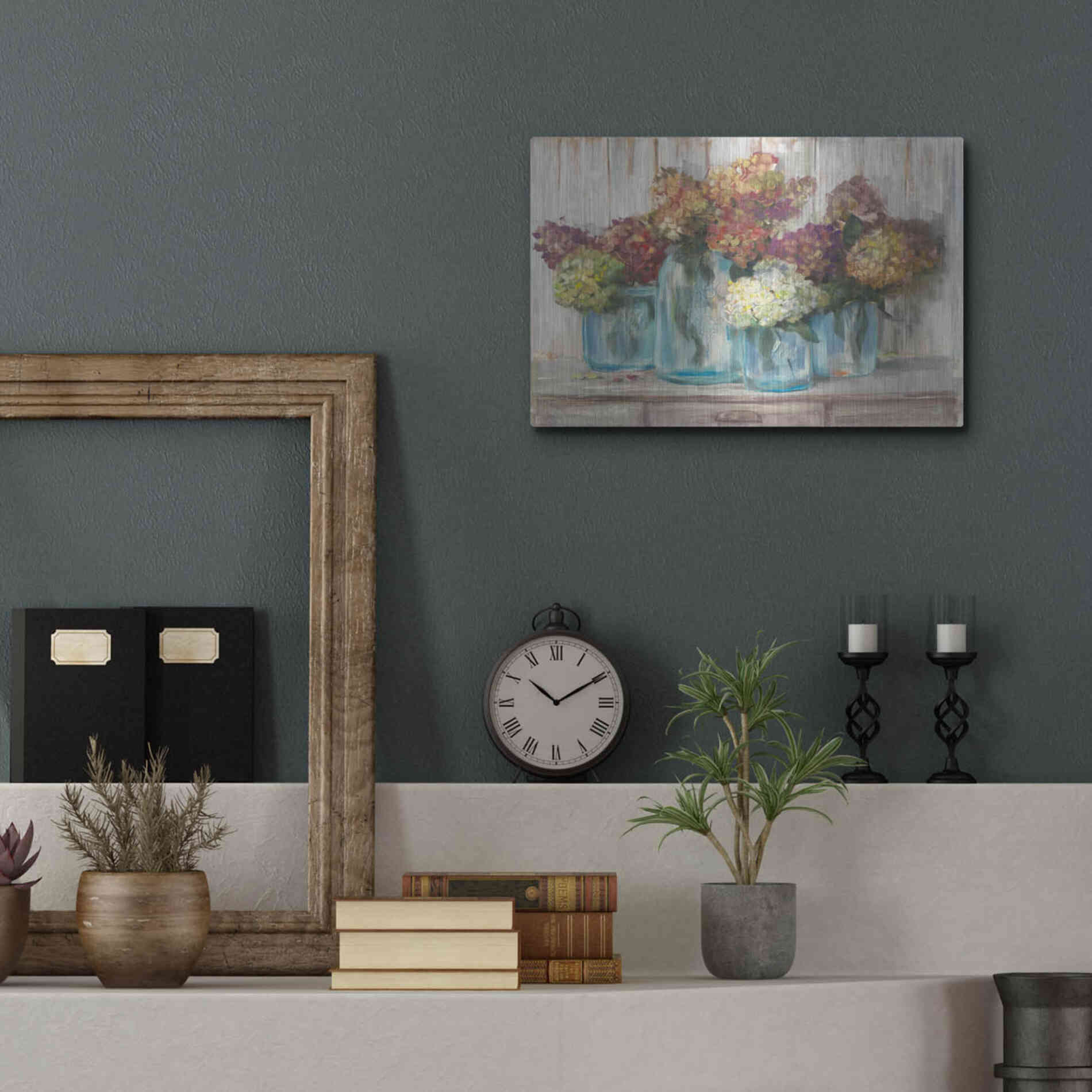 Luxe Metal Art 'Hydrangeas In Glass Jars White Wood' by Carol Rowan, Metal Wall Art,16x12